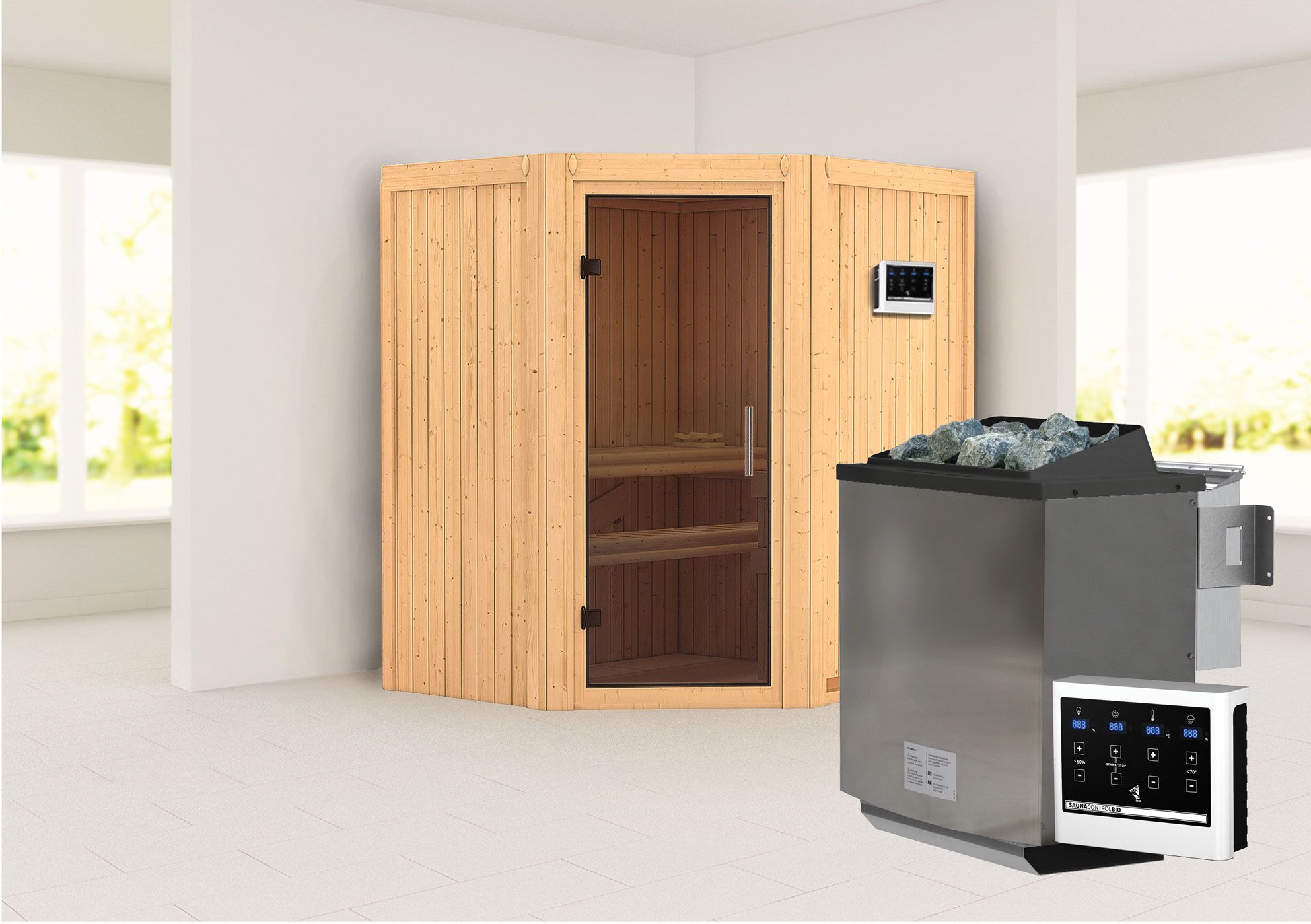 Sauna "Leevi" SET mit graphitfarbene Tür - Farbe: Natur, Ofen BIO 9 kW - 170 x 151 x 198 cm (B x T x H)