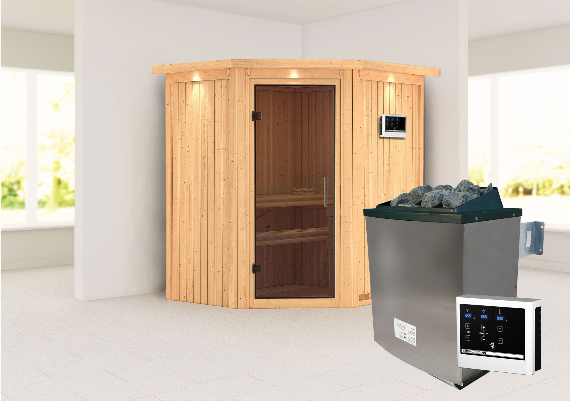 Sauna "Leevi" SET mit graphitfarbene Tür und Kranz - Farbe: Natur, Ofen externe Steuerung easy 9 kW - 184 x 165 x 202 cm (B x T x H)