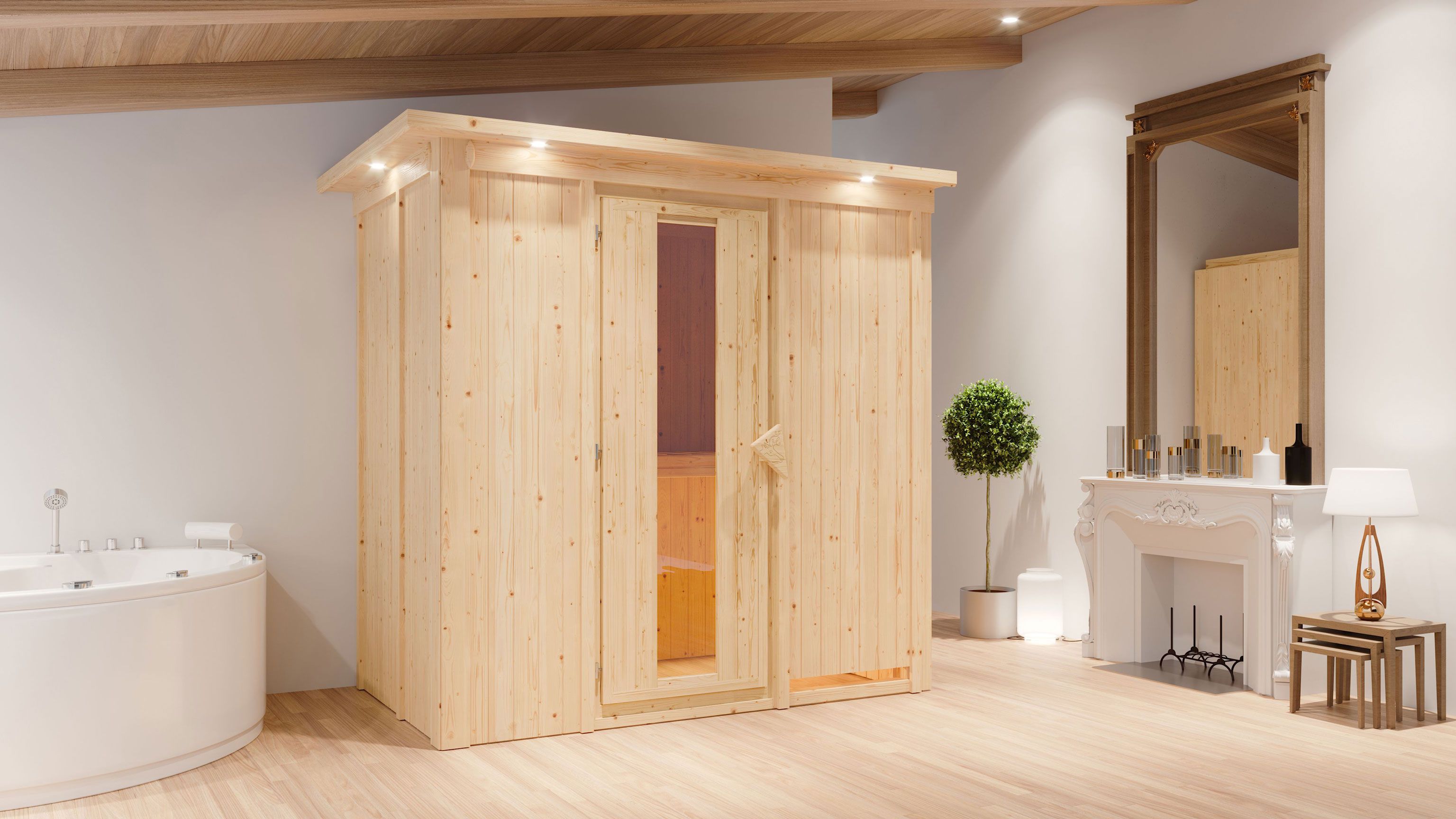 Sauna "Eeli" mit Energiespartür und Kranz - Farbe: Natur - 210 x 132 x 202 cm (B x T x H)