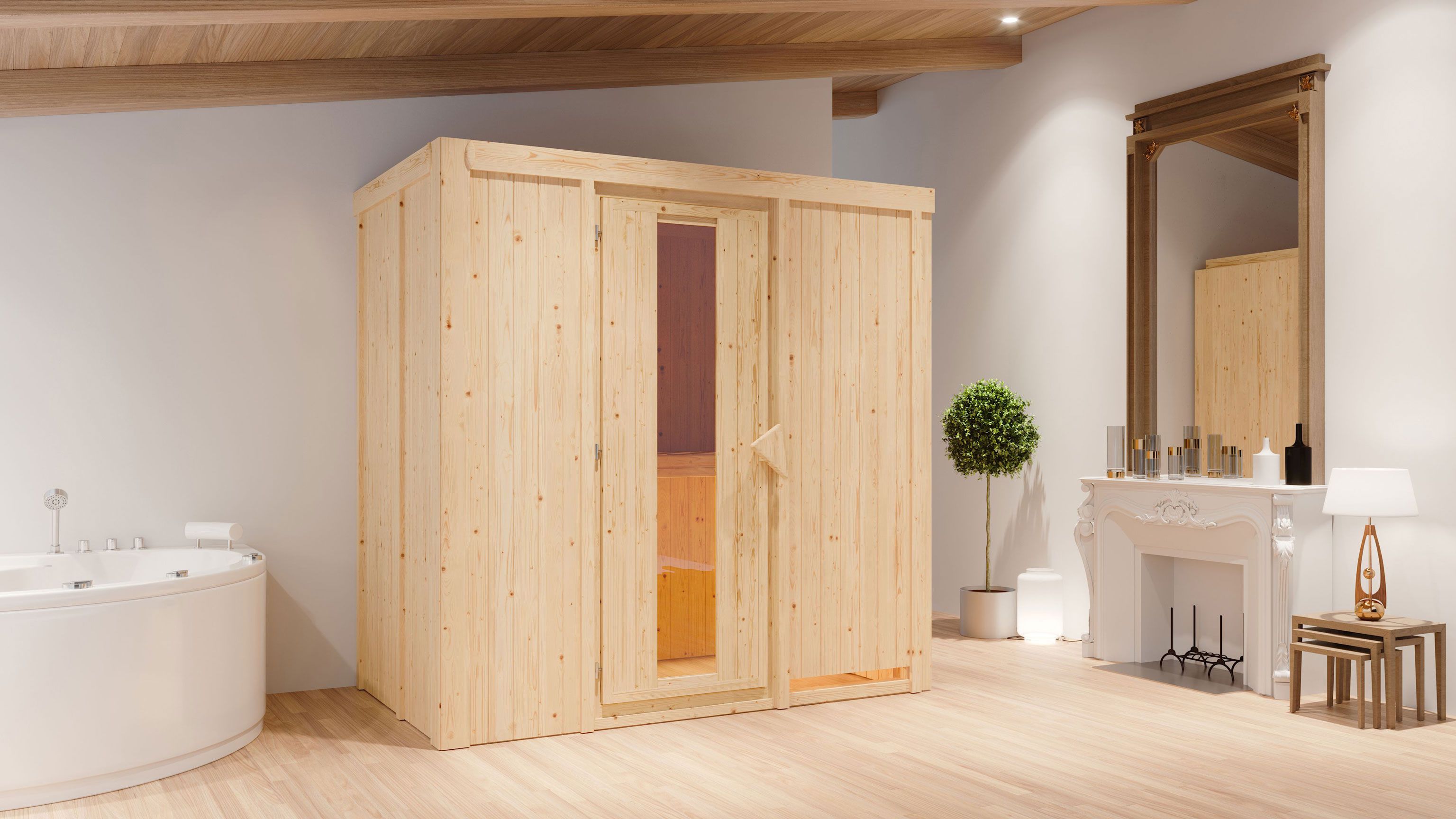 Sauna "Eeli" SET mit Energiespartür - Farbe: Natur, Ofen 9 kW - 196 x 118 x 198 cm (B x T x H)