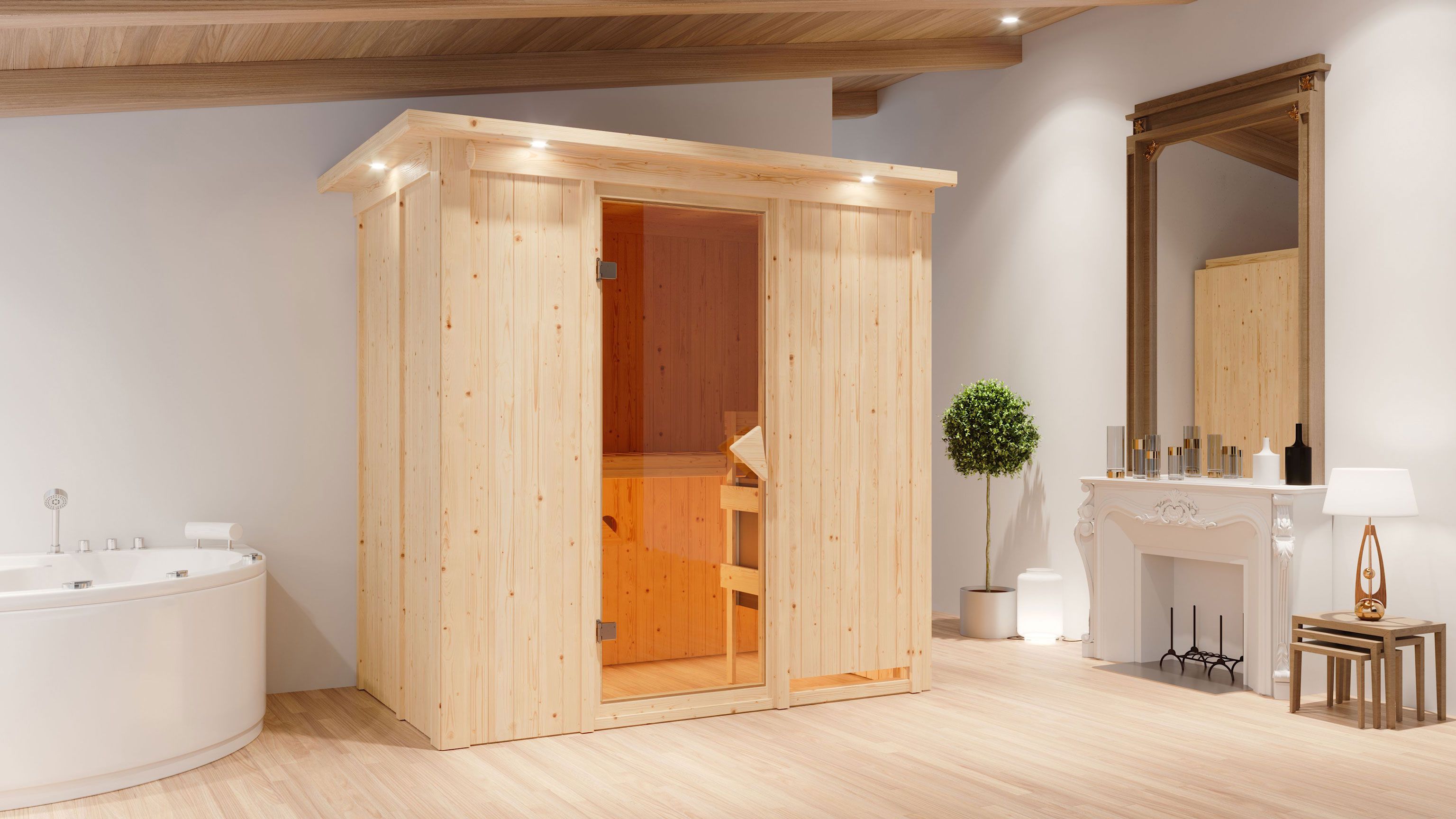 Sauna "Eeli" SET mit bronzierter Tür und Kranz mit Ofen 9 kW - 210 x 132 x 202 cm (B x T x H)