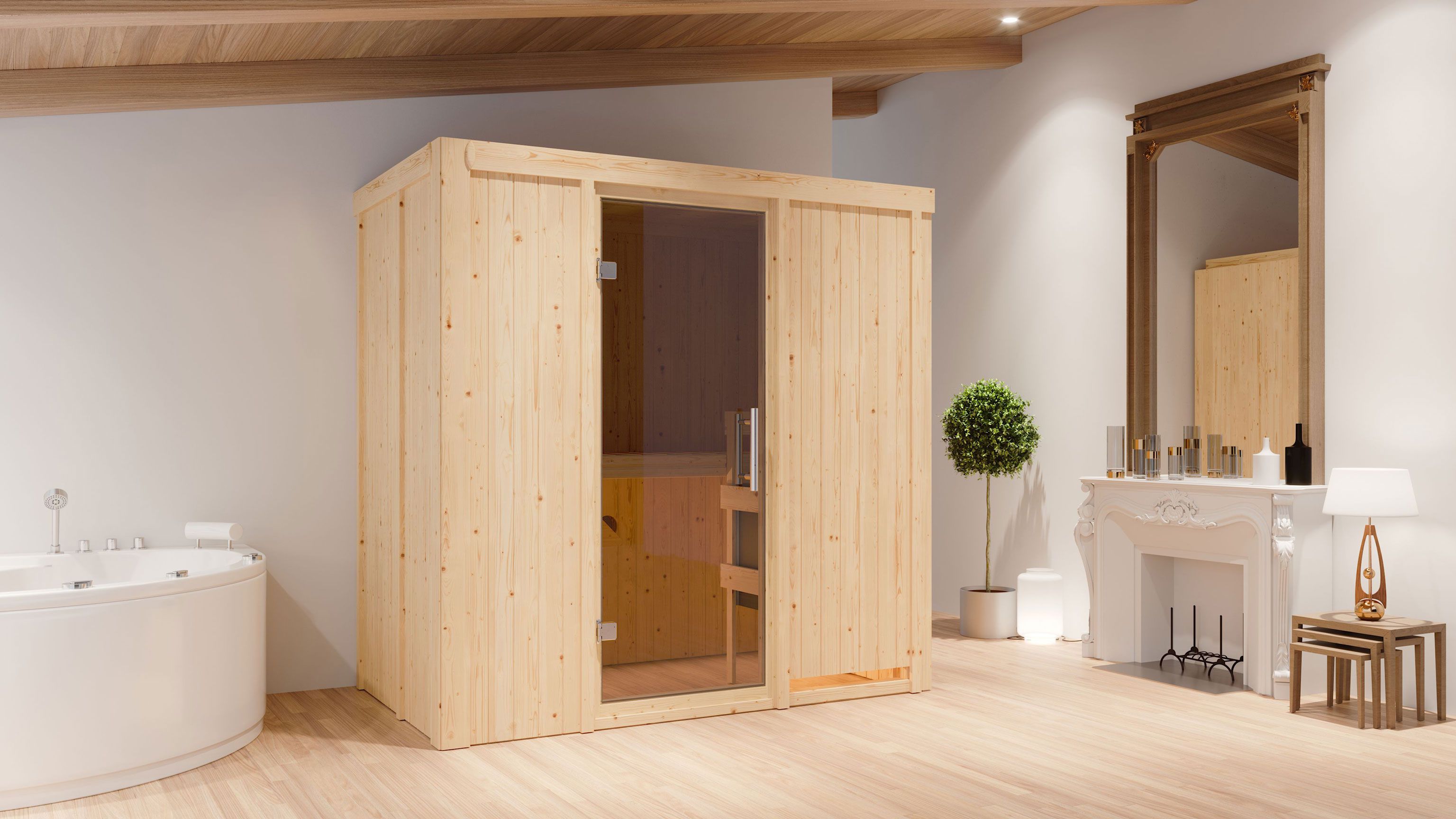 Sauna "Eeli" SET mit graphitfarbener Tür & Ofen externe Steuerung easy 9 kW - 196 x 118 x 198 cm (B x T x H)