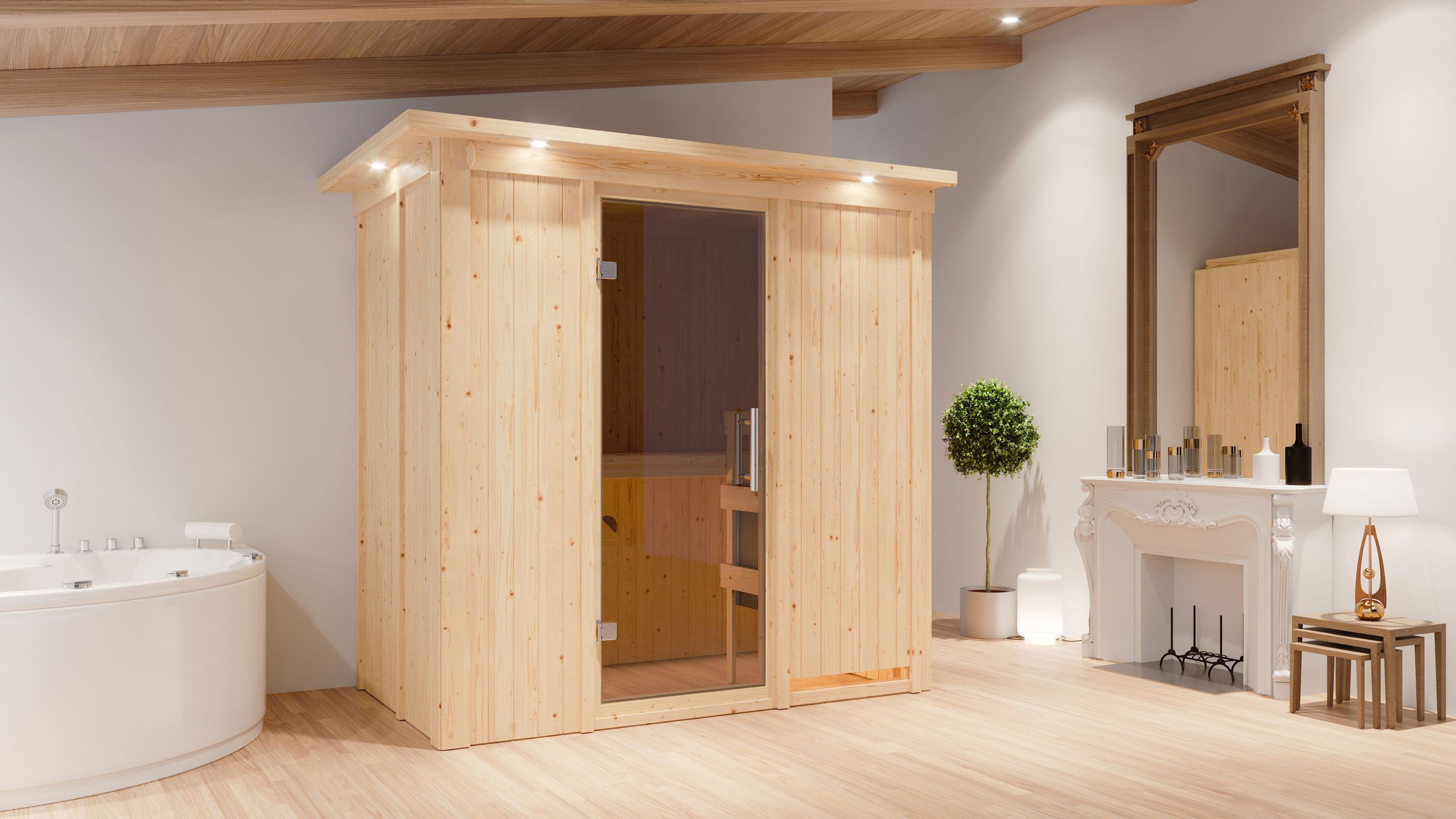 Sauna "Eeli" mit graphitfarbener Tür und Kranz SET mit Ofen BIO 9 kW - 210 x 132 x 202 cm (B x T x H)