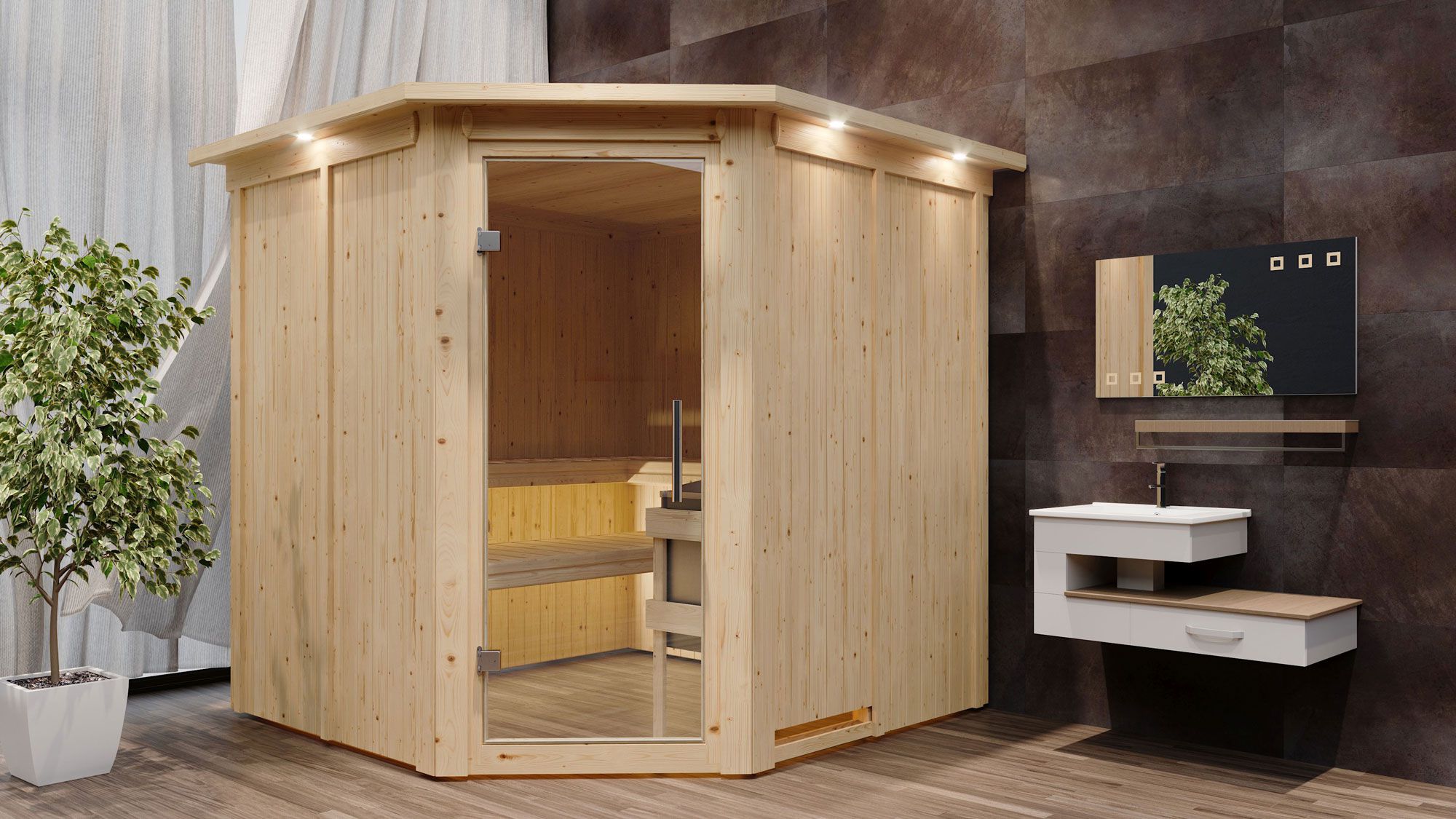 Sauna "Nooa" SET mit Klarglastür, Kranz & Ofen 9 kW - 210 x 210 x 202 cm (B x T x H)