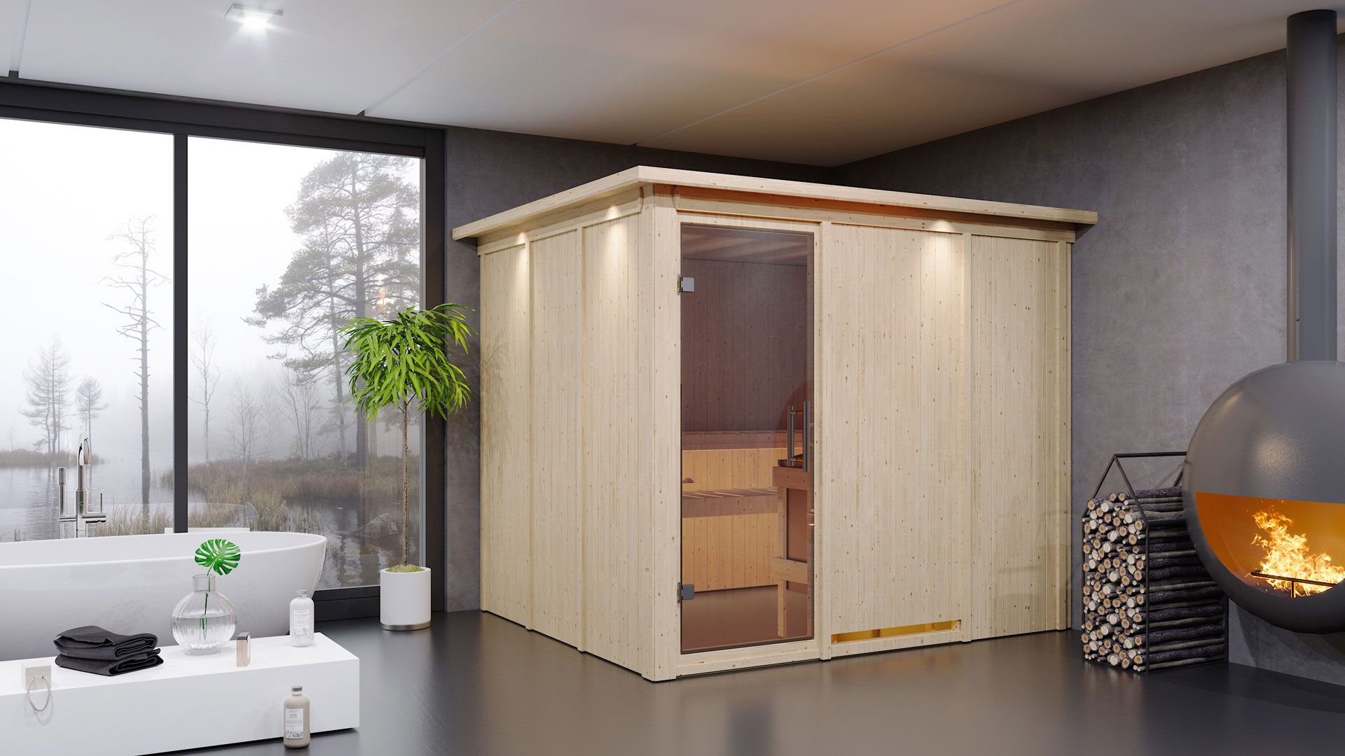 Sauna "Toivo" SET mit Klarglastür, Kranz & Ofen externe Steuerung easy 9 KW - 245 x 210 x 202 cm (B x T x H)
