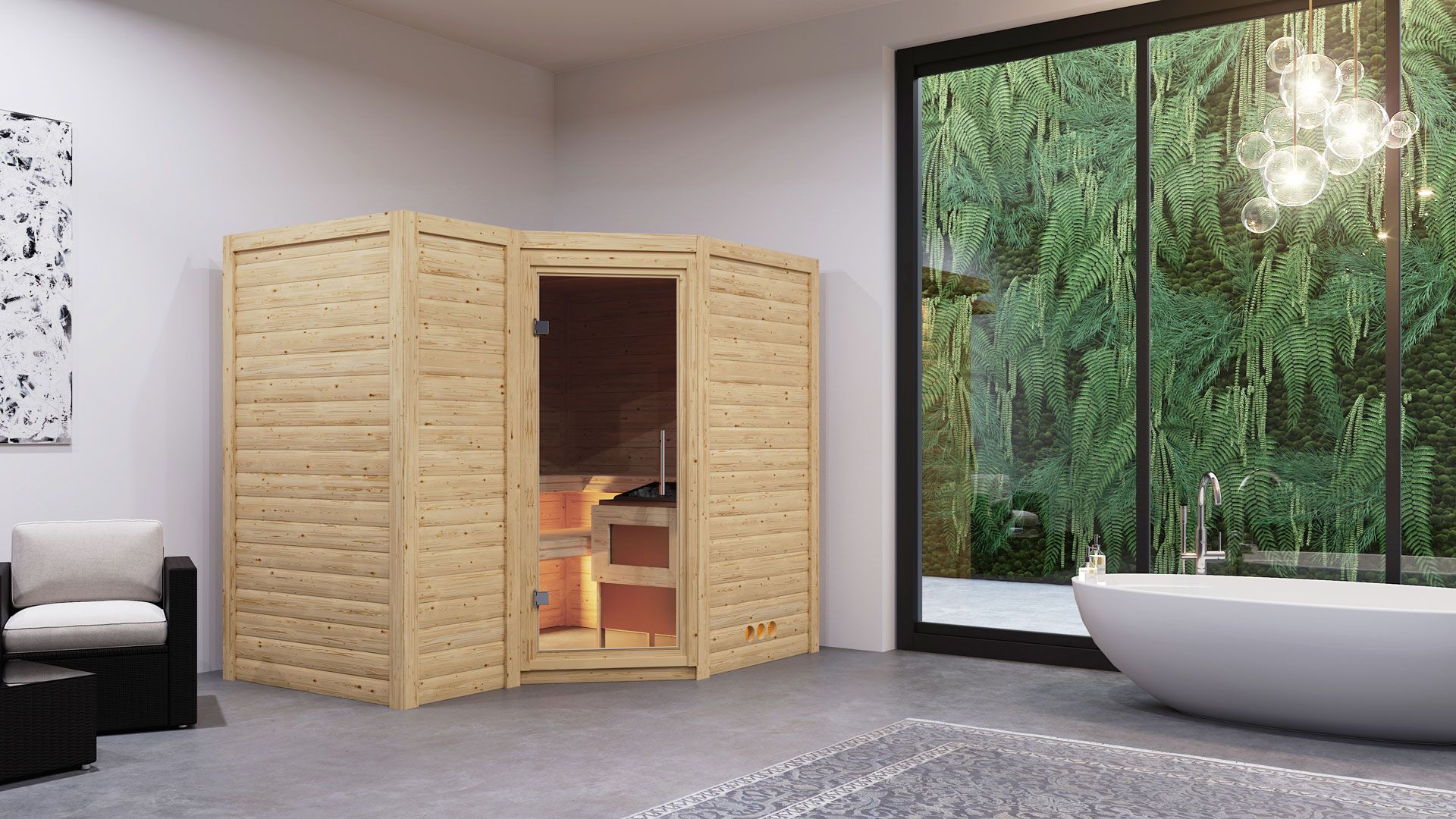 Sauna "Tjara 2" SET mit Klarglastür & Ofen 9 kW - 236 x 184 x 209 cm (B x T x H)