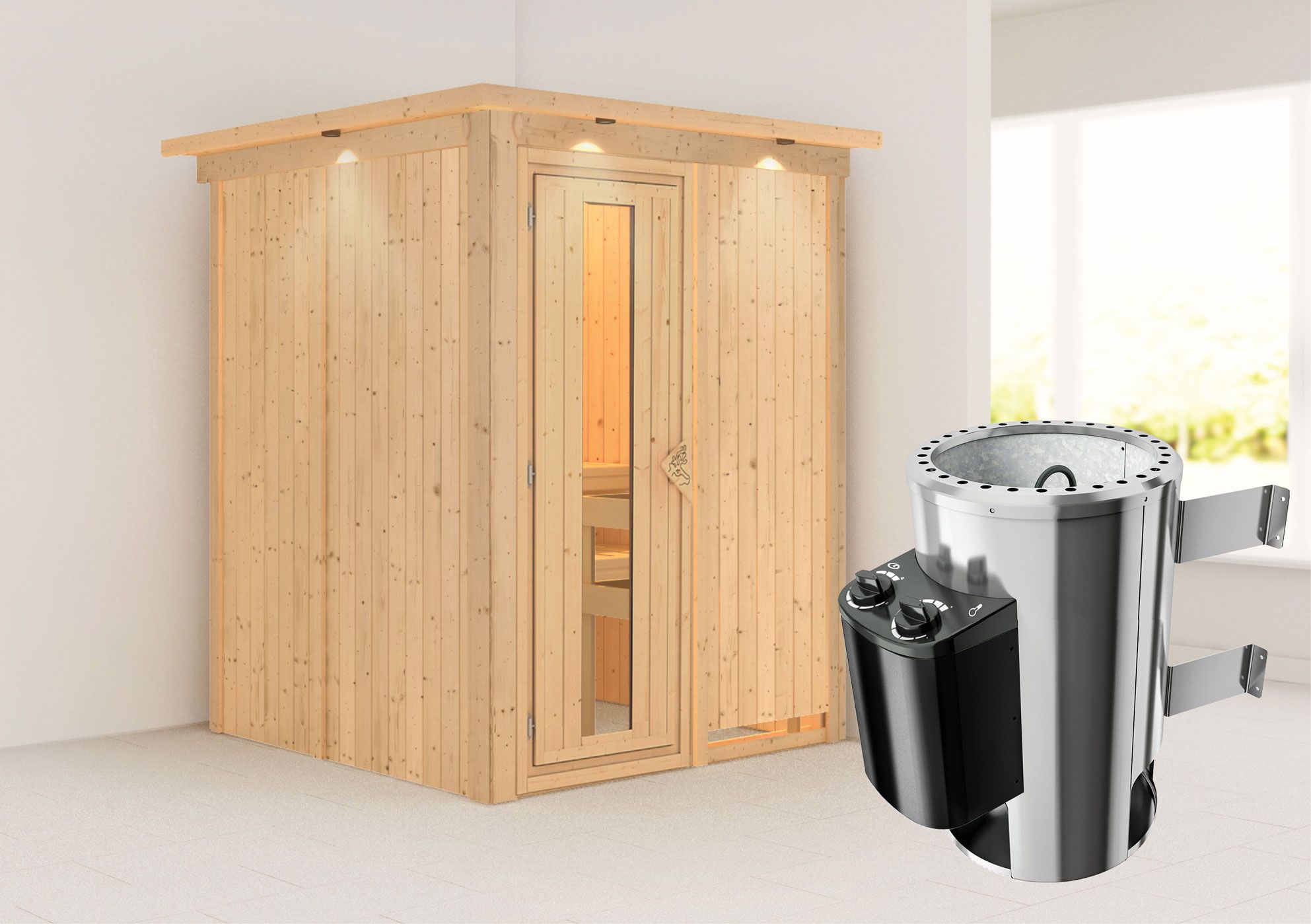 Sauna "Joran" SET mit Energiespartür, Kranz und Ofen 3,6 kW - 165 x 165 x 202 cm (B x T x H)