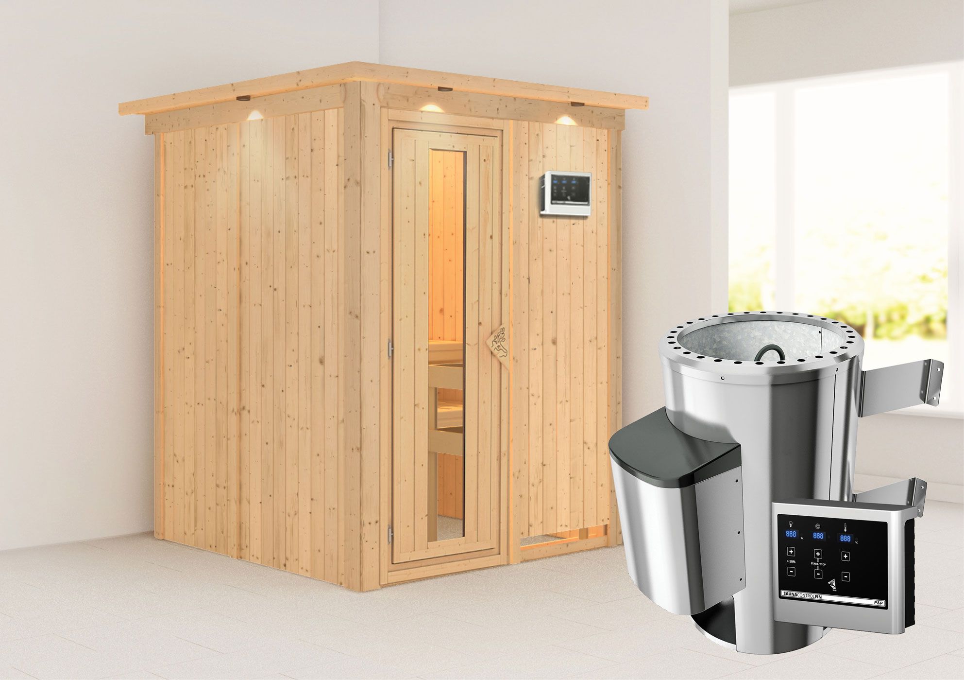 Sauna "Joran" SET mit Energiespartür und Kranz - Farbe: Natur, Ofen externe Steuerung easy 3,6 kW - 165 x 165 x 202 cm (B x T x H)