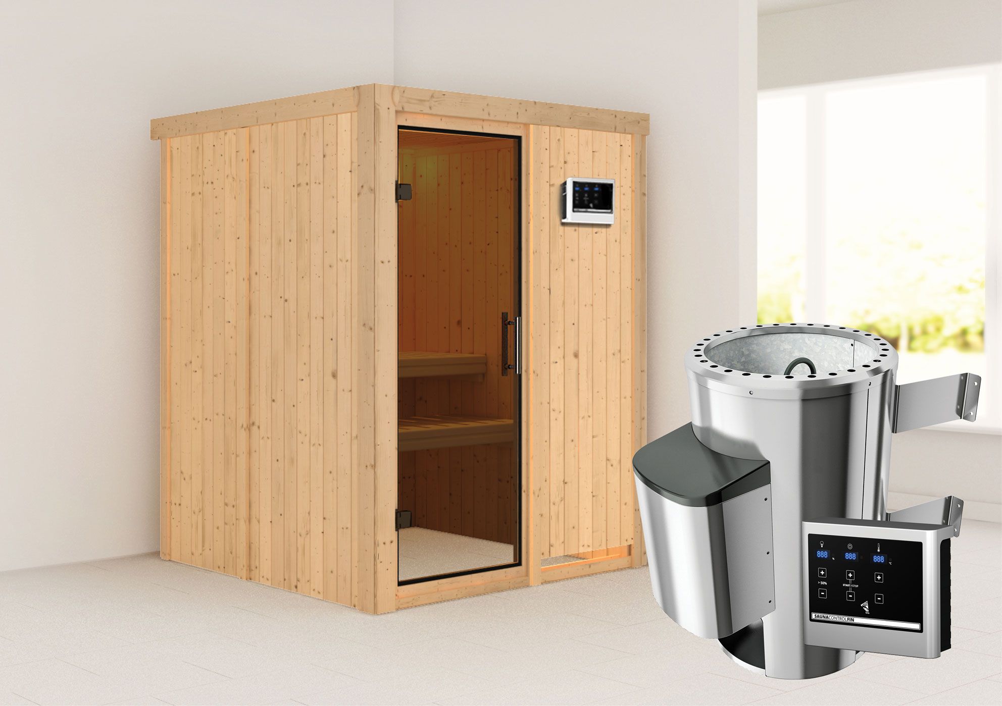 Sauna "Joran" SET mit graphitfarbener Tür - Farbe: Natur, Ofen externe Steuerung easy 3,6 kW - 151 x 151 x 198 cm (B x T x H)