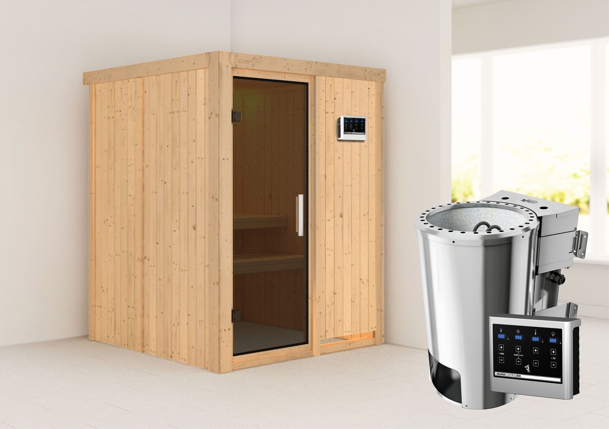Sauna "Joran" SET mit graphitfarbener Tür & Ofen BIO 3,6 kW - 151 x 151 x 198 cm (B x T x H)