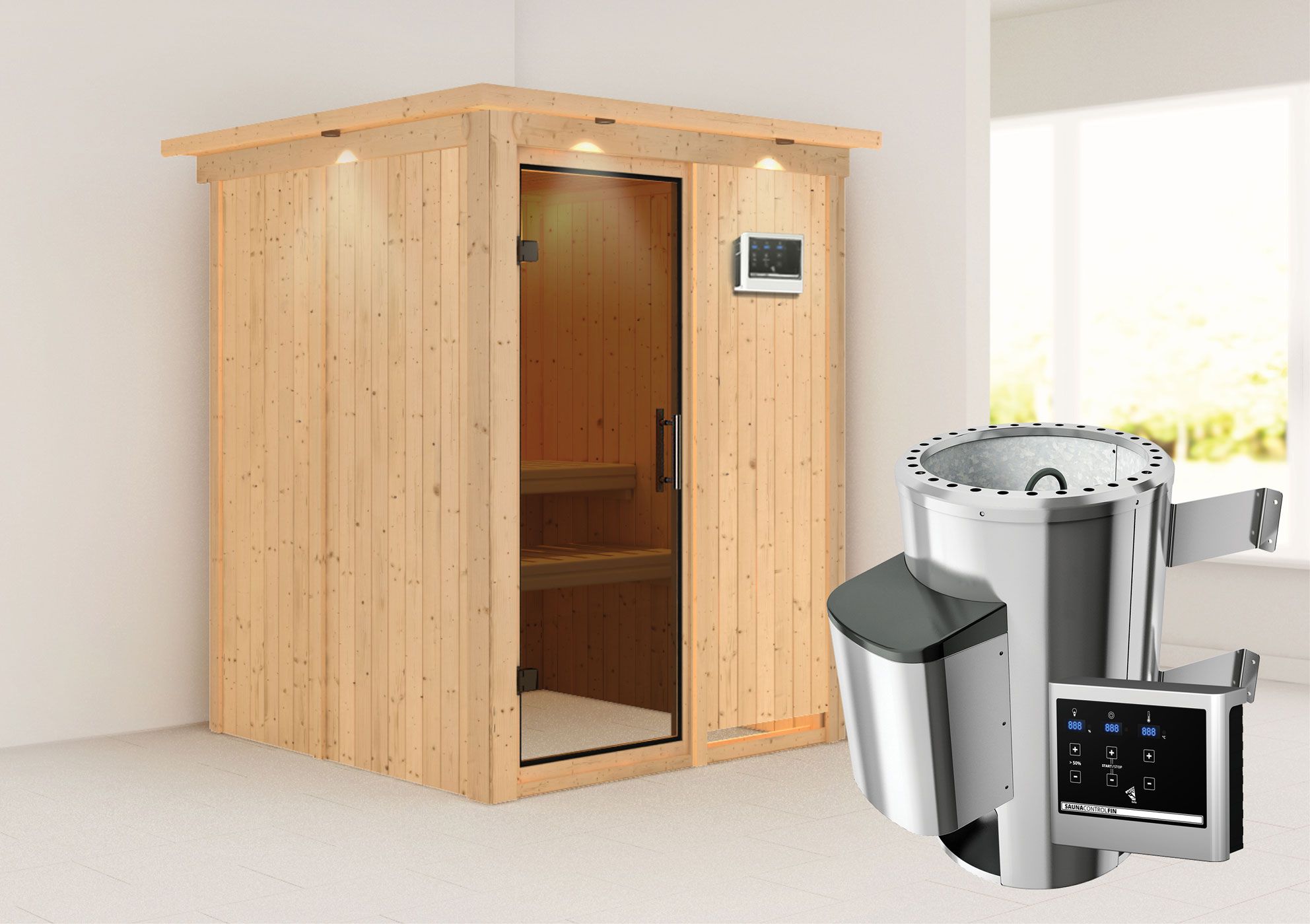 Sauna "Joran" SET mit graphitfarbener Tür und Kranz - Farbe: Natur, Ofen externe Steuerung easy 3,6 kW - 165 x 165 x 202 cm (B x T x H)