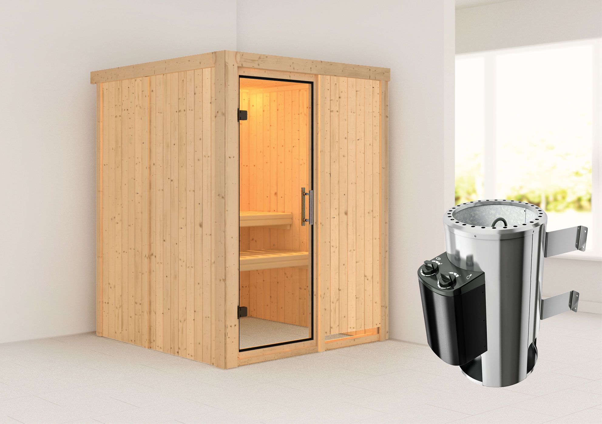 Sauna "Joran" mit Klarglastür & Ofen 3,6 kW - 151 x 151 x 198 cm (B x T x H)
