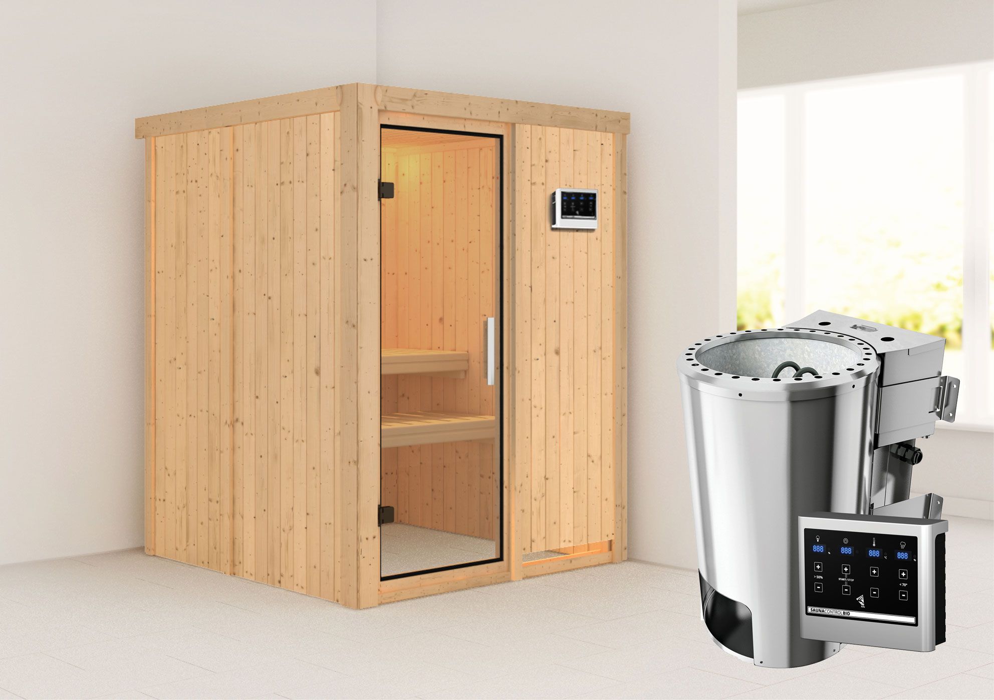 Sauna "Joran" mit Klarglastür & Ofen BIO 3,6 kW - 151 x 151 x 198 cm (B x T x H)