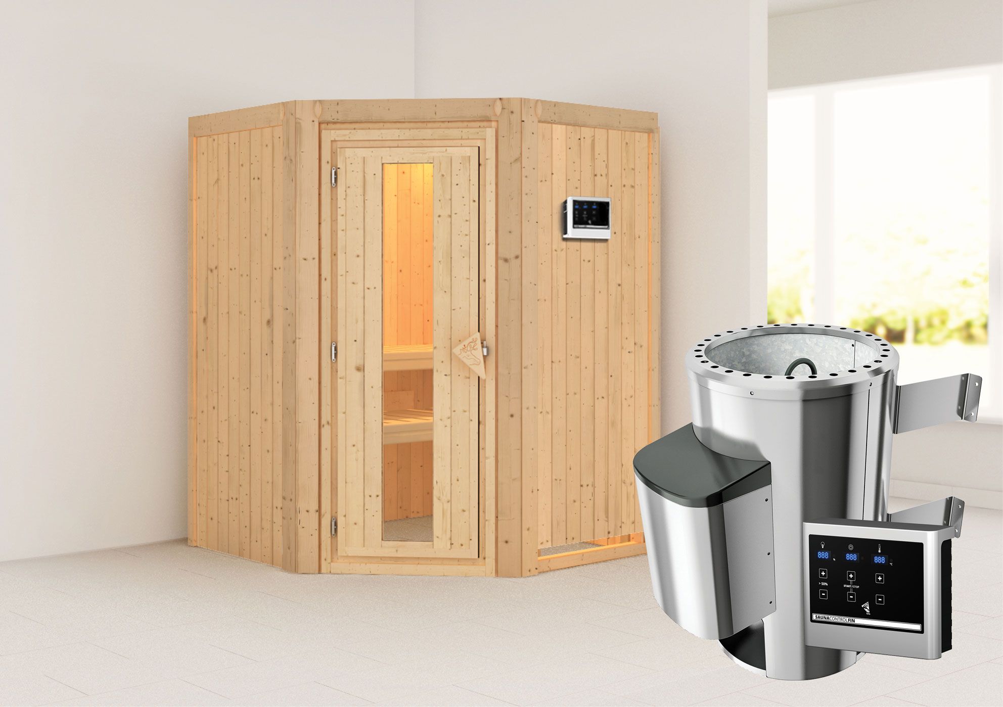 Sauna "Loran" SET mit Energiespartür - Farbe: Natur, Ofen externe Steuerung easy 3,6 kW - 151 x 151 x 198 cm (B x T x H)