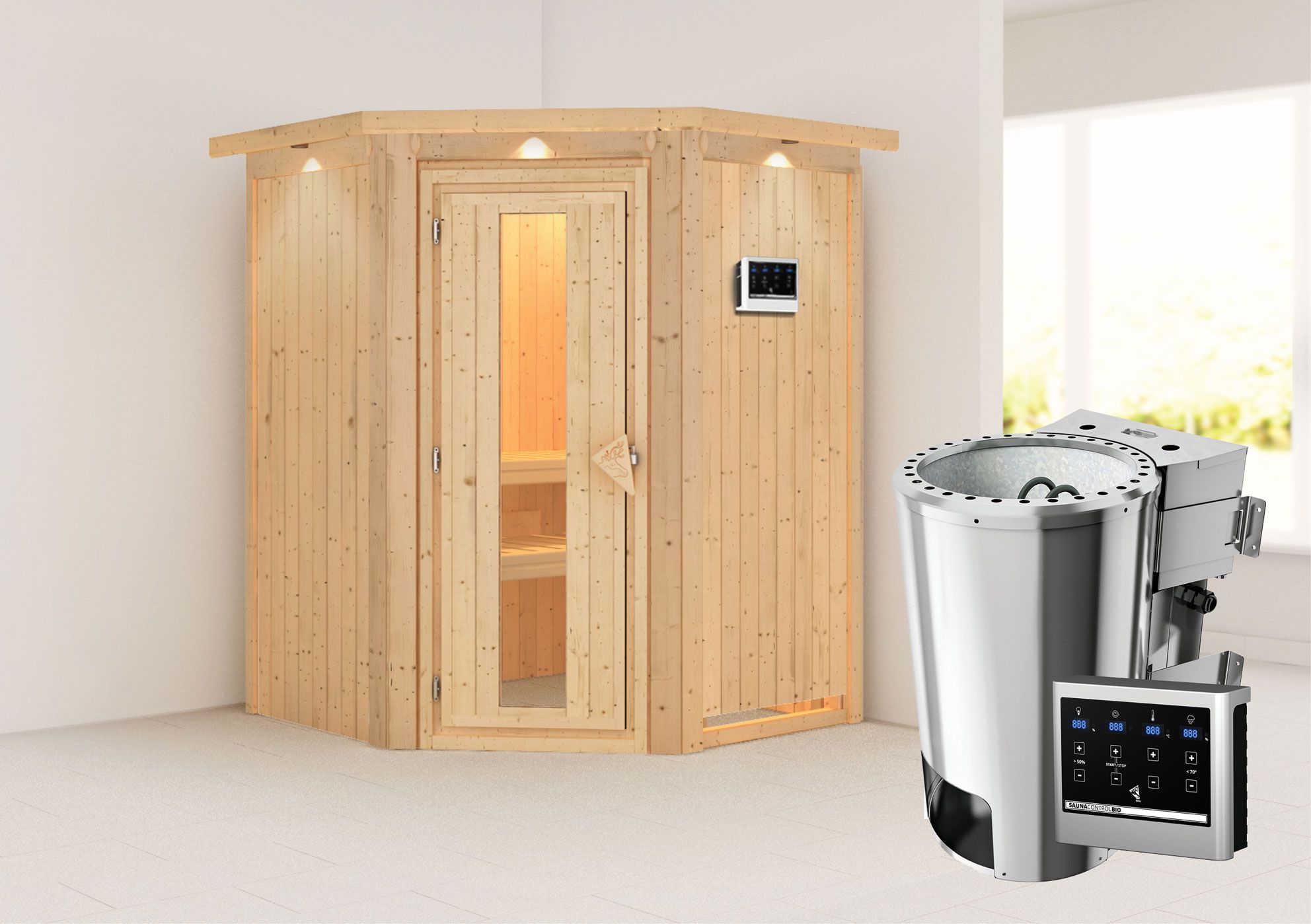 Sauna "Loran" SET mit Energiespartür, Kranz und Ofen BIO 3,6 kW - 165 x 165 x 202 cm (B x T x H)