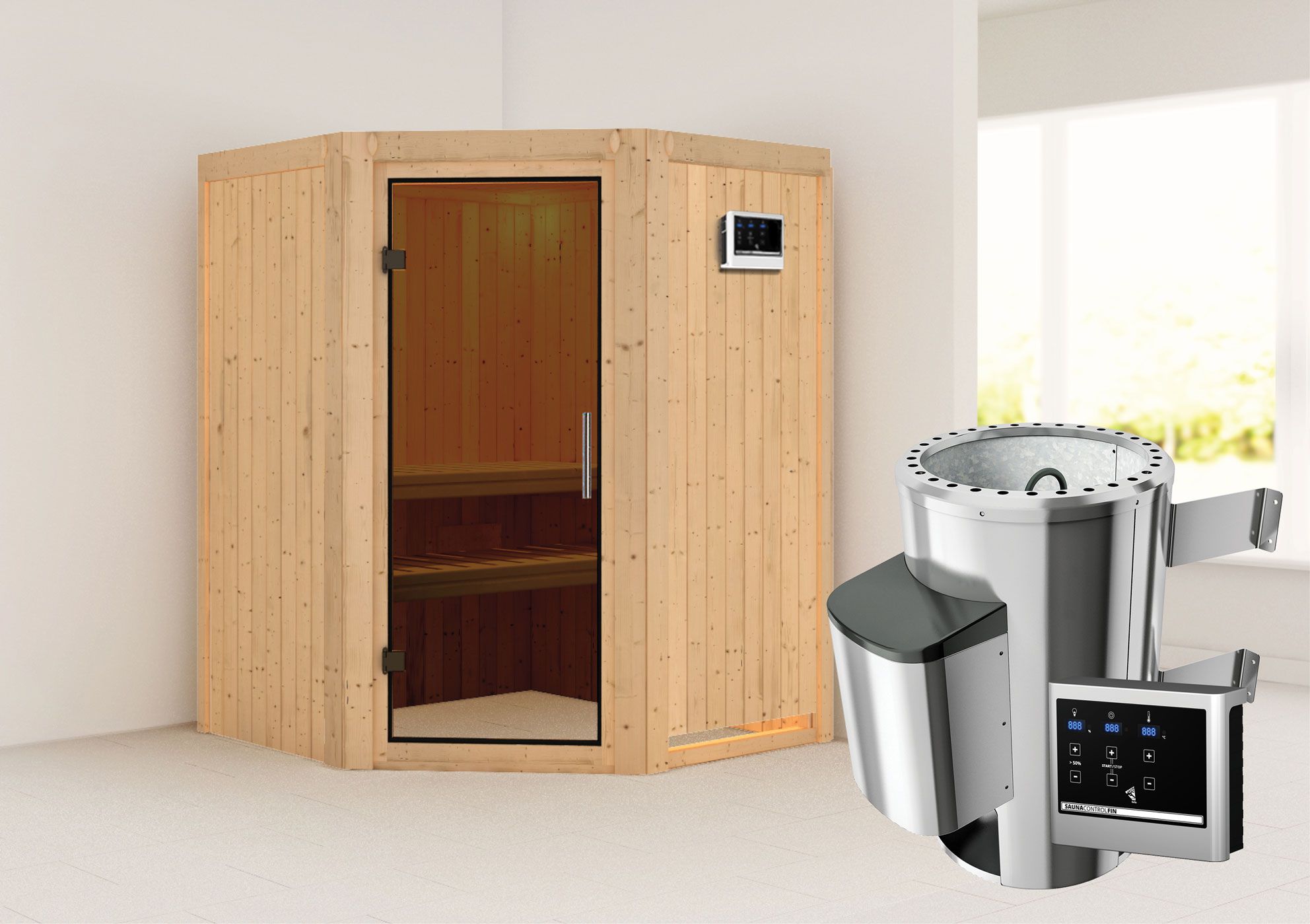 Sauna "Loran" SET mit graphitfarbener Tür - Farbe: Natur, Ofen externe Steuerung easy 3,6 kW - 151 x 151 x 198 cm (B x T x H)