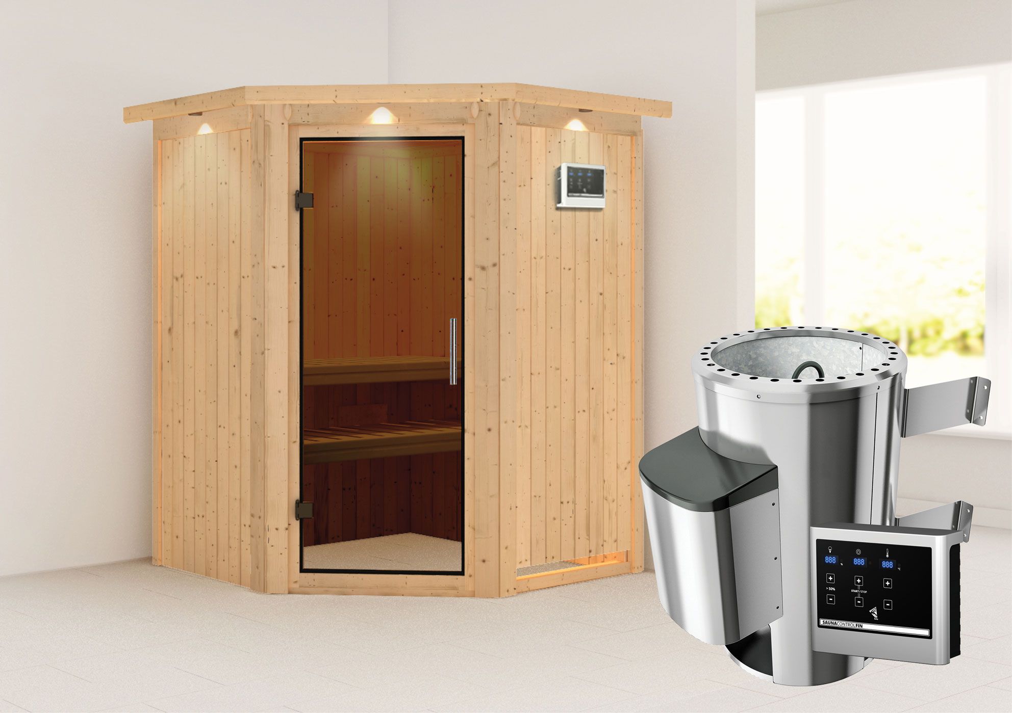 Sauna "Loran" SET mit graphitfarbener Tür und Kranz - Farbe: Natur, Ofen externe Steuerung easy 3,6 kW - 165 x 165 x 202 cm (B x T x H)