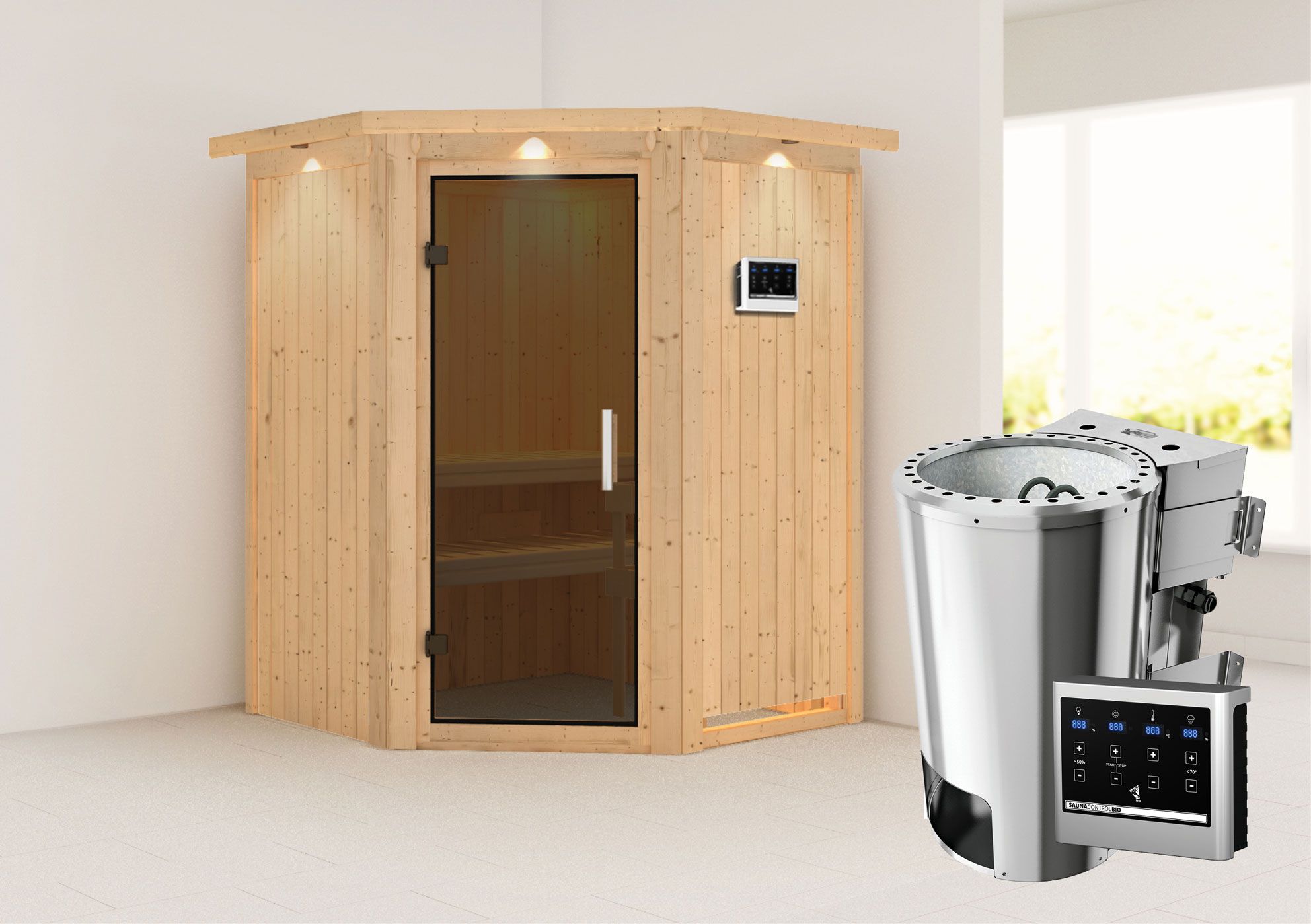 Sauna "Loran" SET mit graphitfarbener Tür, Kranz & Ofen BIO 3,6 kW - 165 x 165 x 202 cm (B x T x H)