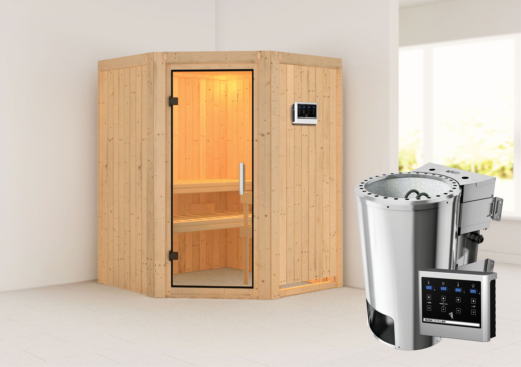 Sauna "Loran" SET mit Klarglastür & Ofen BIO 3,6 kW - 151 x 151 x 198 cm (B x T x H)