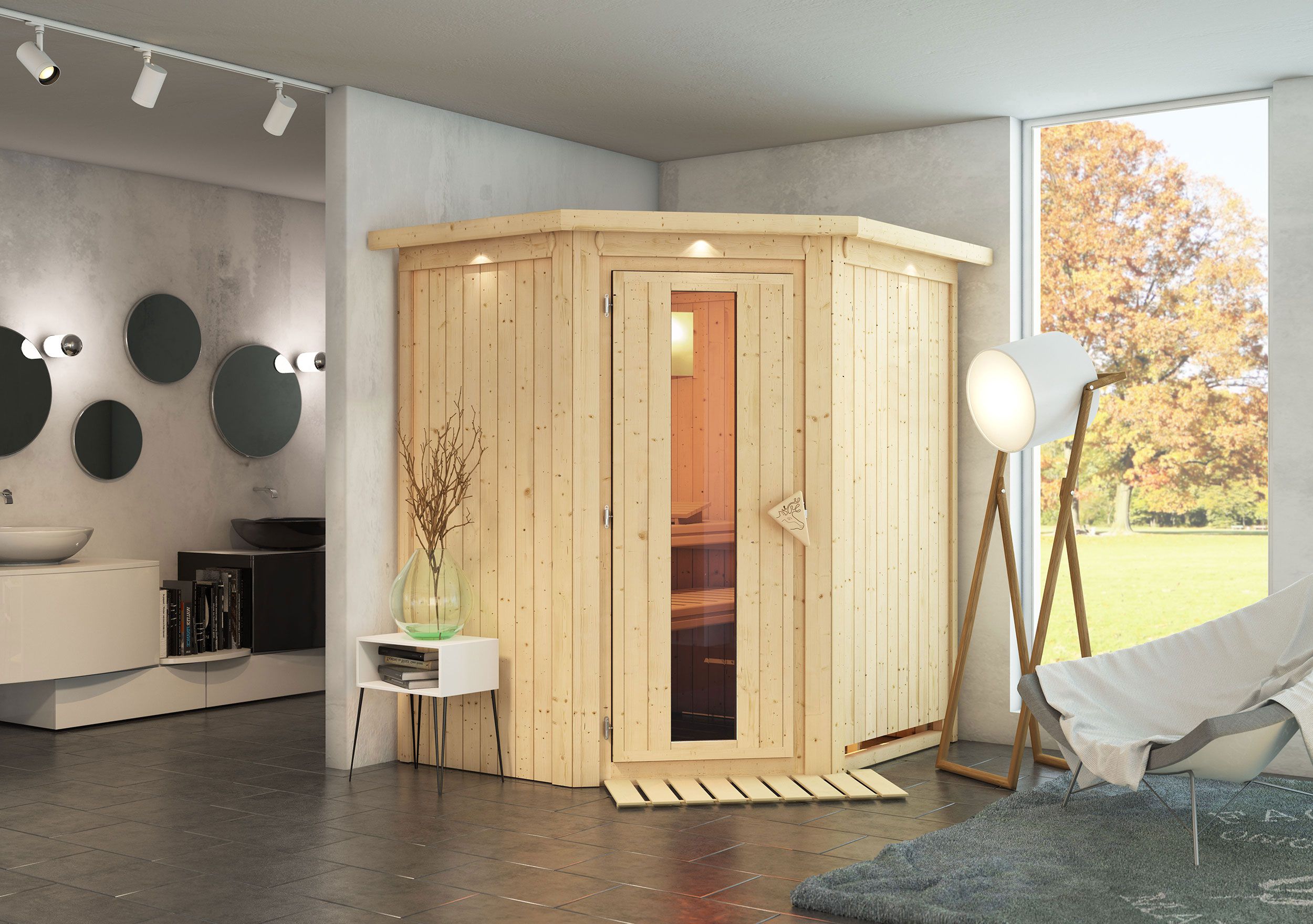 Sauna "Kjell" AKTION mit Energiespartür und Kranz - Farbe: Natur - 184 x 165 x 202 cm (B x T x H)