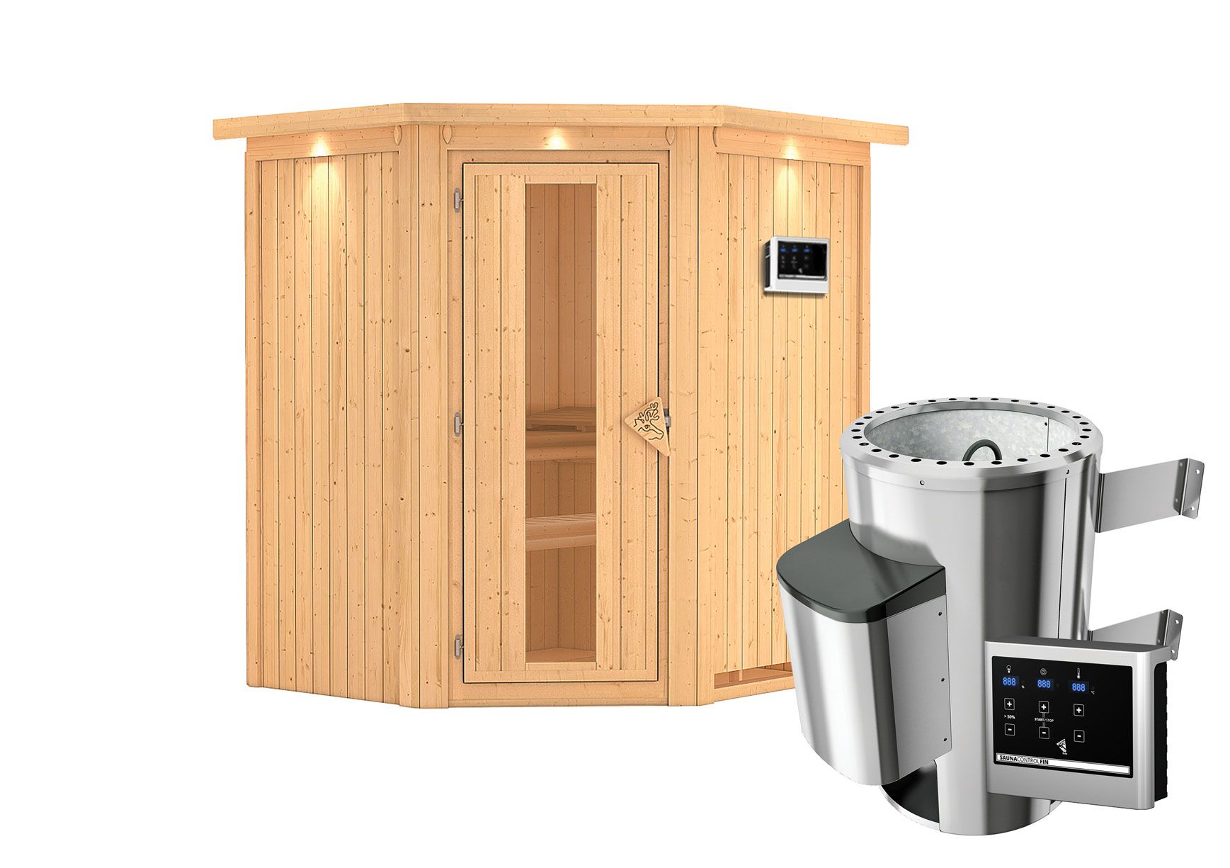 Sauna "Kjell" SET mit Energiespartür und Kranz - Farbe: Natur, Ofen externe Steuerung easy 3,6 kW - 184 x 165 x 202 cm (B x T x H)