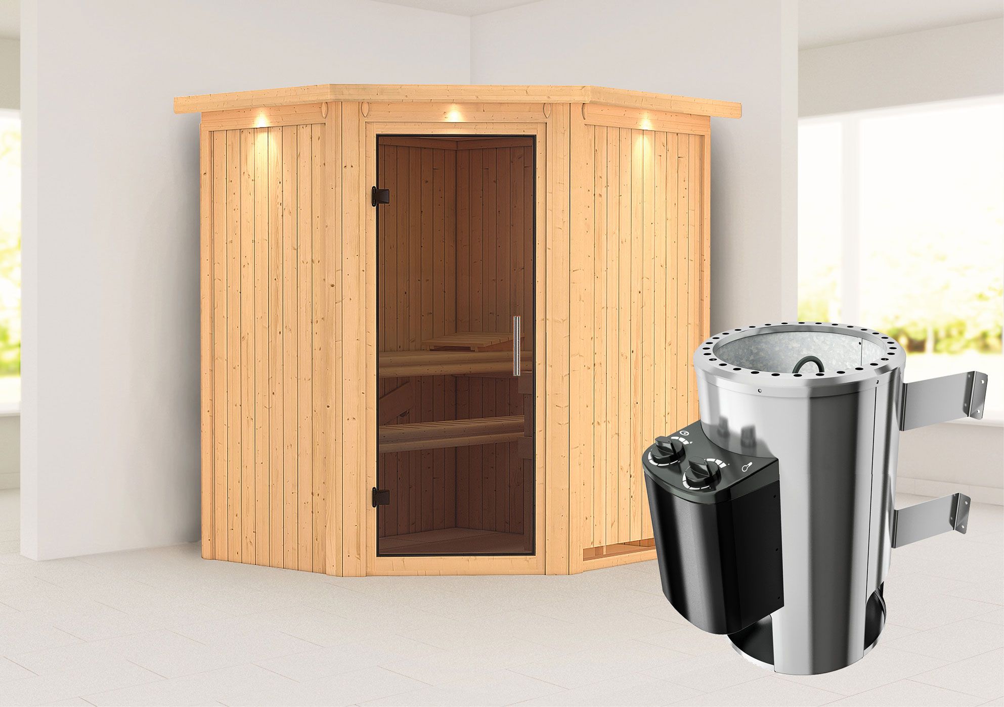Sauna "Kjell" SET mit graphitfarbener Tür, Kranz & Ofen 3,6 kW - 184 x 165 x 202 cm (B x T x H)