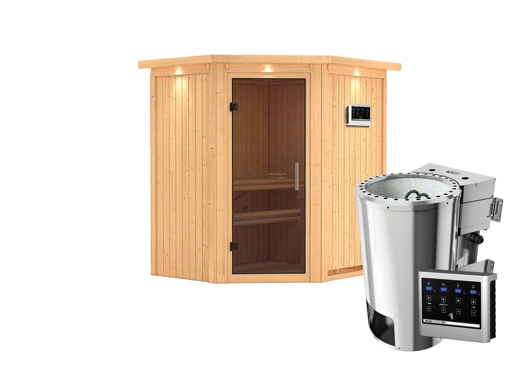 Sauna "Kjell" SET mit graphitfarbener Tür, Kranz & Ofen BIO 3,6 kW - 184 x 165 x 202 cm (B x T x H)