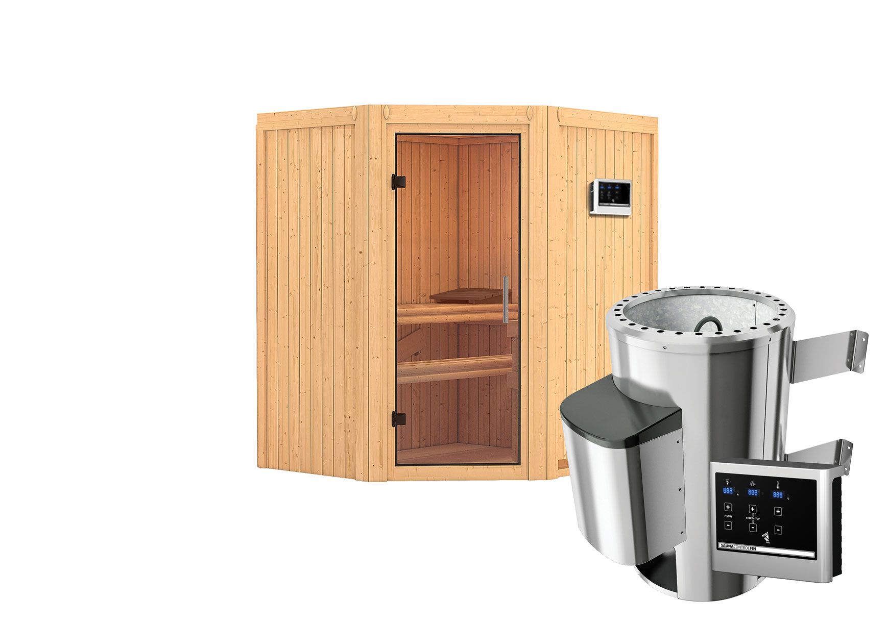 Sauna "Kjell" SET mit Klarglastür - Farbe: Natur, Ofen externe Steuerung easy 3,6 kW - 170 x 151 x 198 cm (B x T x H)