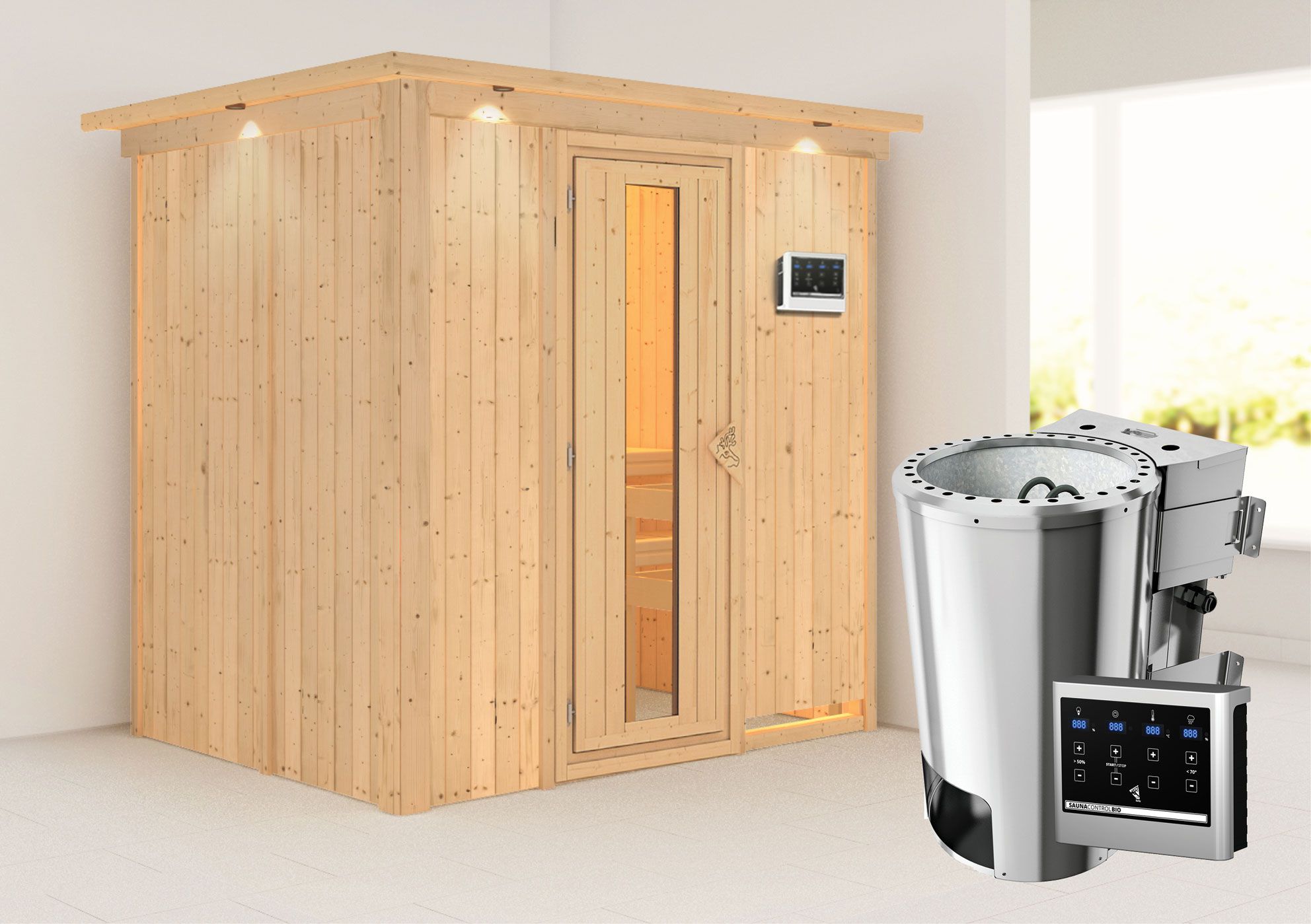 Sauna "Jarle" SET mit Energiespartür, Kranz und Ofen BIO 3,6 kW - 210 x 165 x 202 cm (B x T x H)