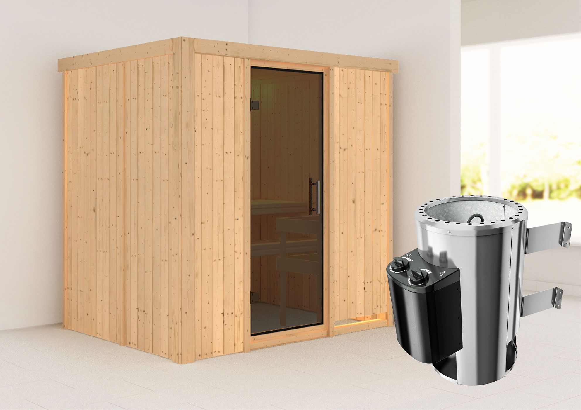 Sauna "Jarle" SET mit graphitfarbener Tür & Ofen 3,6 kW - 196 x 151 x 198 cm (B x T x H)