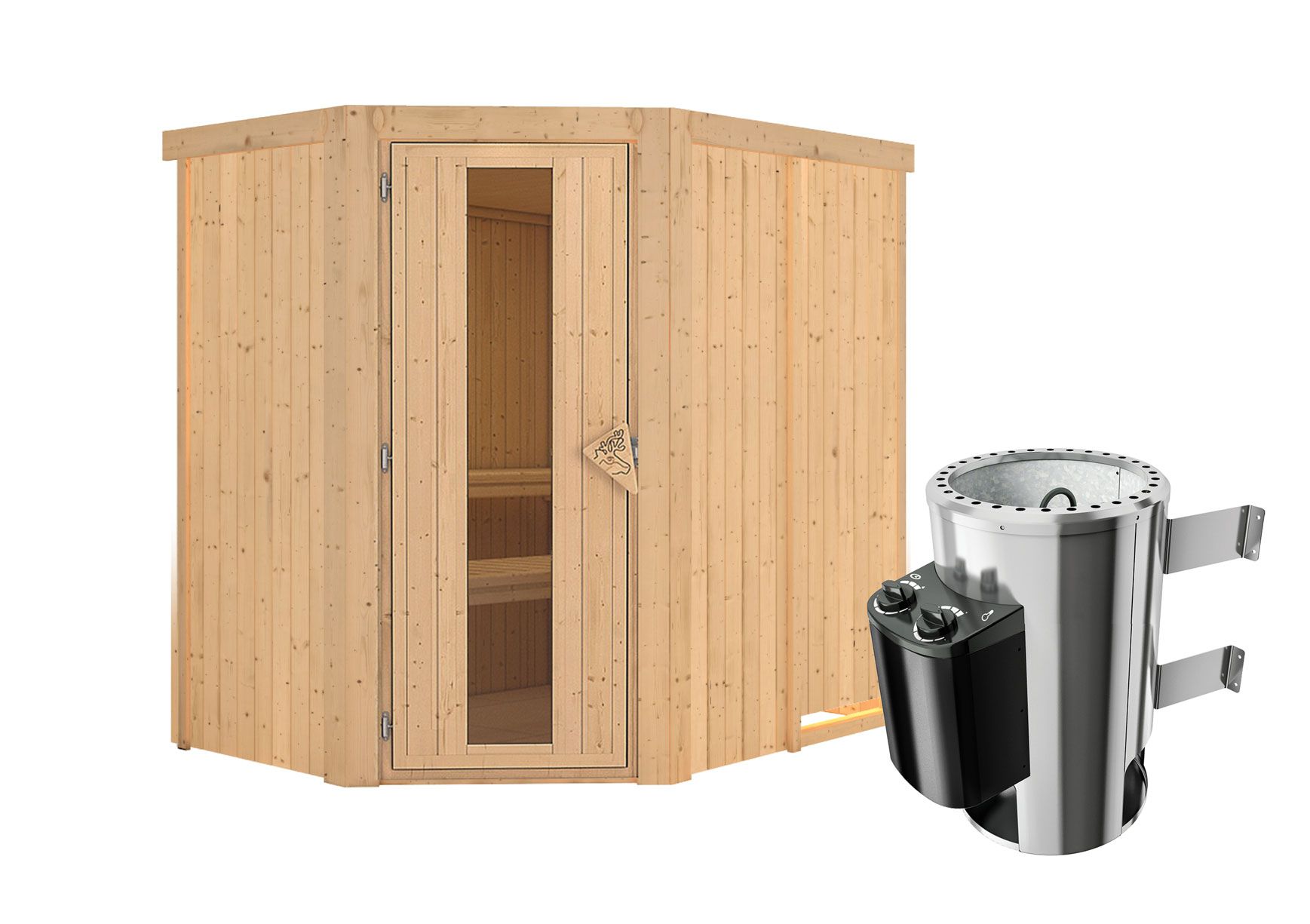 Sauna "Ole"  SET mit Energiespartür und Ofen 3,6 kW - 151 x 196 x 198 cm (B x T x H)