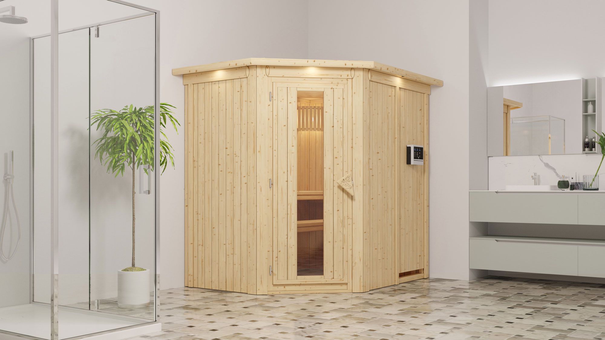 Sauna "Ole"  SET mit Energiespartür und Kranz - Farbe: Natur, Ofen externe Steuerung easy 3,6 kW - 165 x 210 x 202 cm (B x T x H)