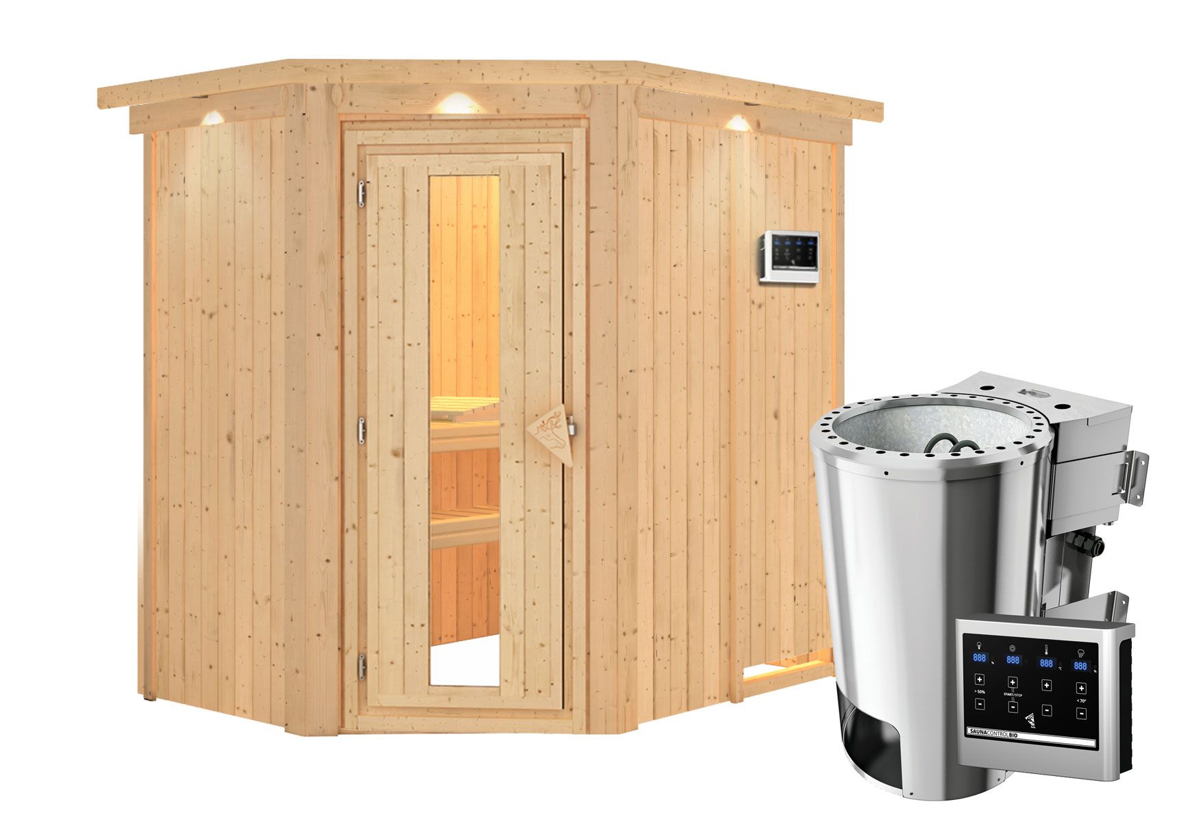 Sauna "Ole"  SET mit Energiespartür, Kranz und Ofen externe Steuerung easy BIO 3,6 kW - 165 x 210 x 202 cm (B x T x H)