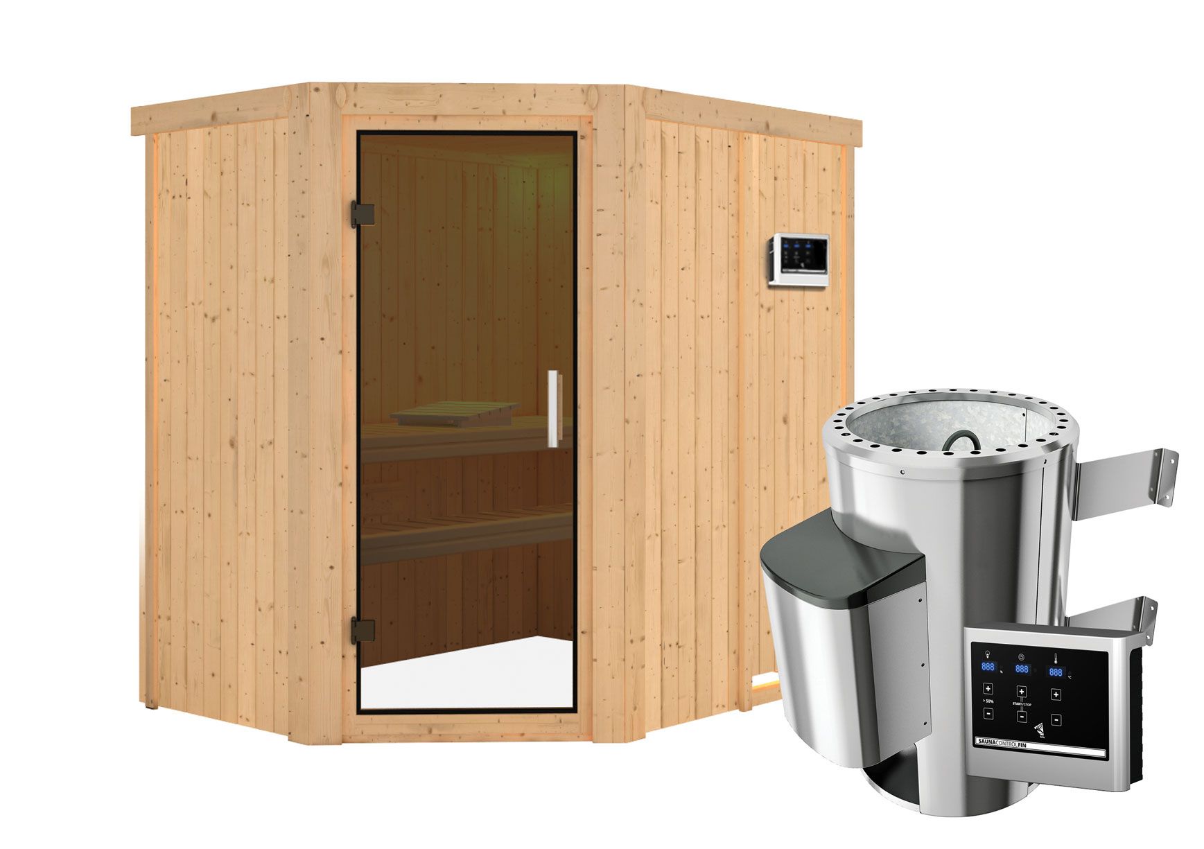 Sauna "Ole"  SET mit graphitfarbener Tür - Farbe: Natur, Ofen externe Steuerung easy 3,6 kW - 151 x 196 x 198 cm (B x T x H)