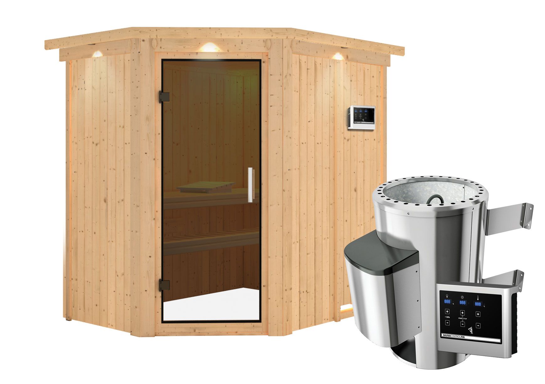 Sauna "Ole"  SET mit graphitfarbener Tür und Kranz - Farbe: Natur, Ofen externe Steuerung easy 3,6 kW - 165 x 210 x 202 cm (B x T x H)