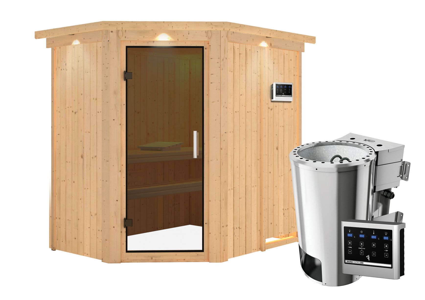 Sauna "Ole"  SET mit graphitfarbener Tür, Kranz & Ofen BIO 3,6 kW - 165 x 210 x 202 cm (B x T x H)
