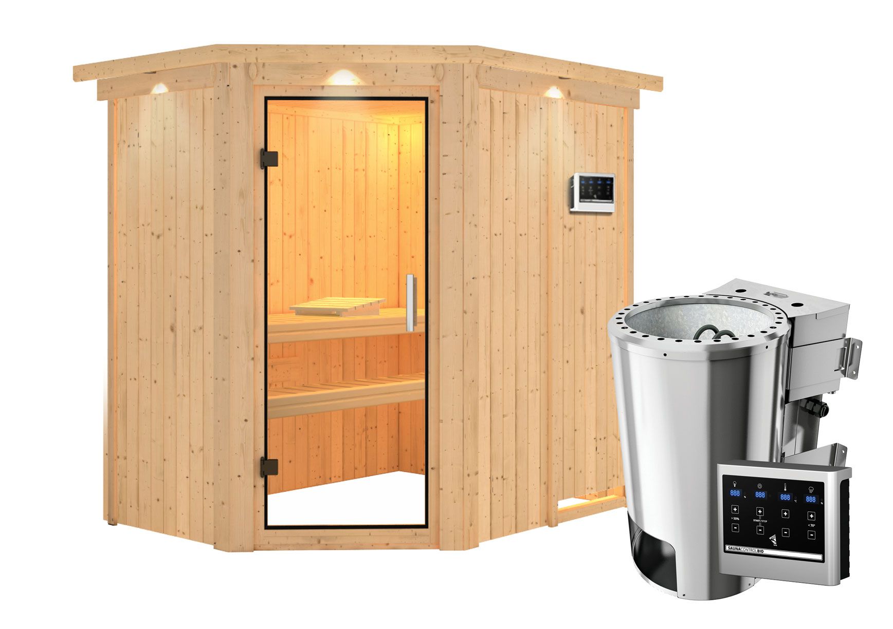 Sauna "Ole"  SET mit Klarglastür, Kranz & Ofen BIO 3,6 kW - 165 x 210 x 202 cm (B x T x H)