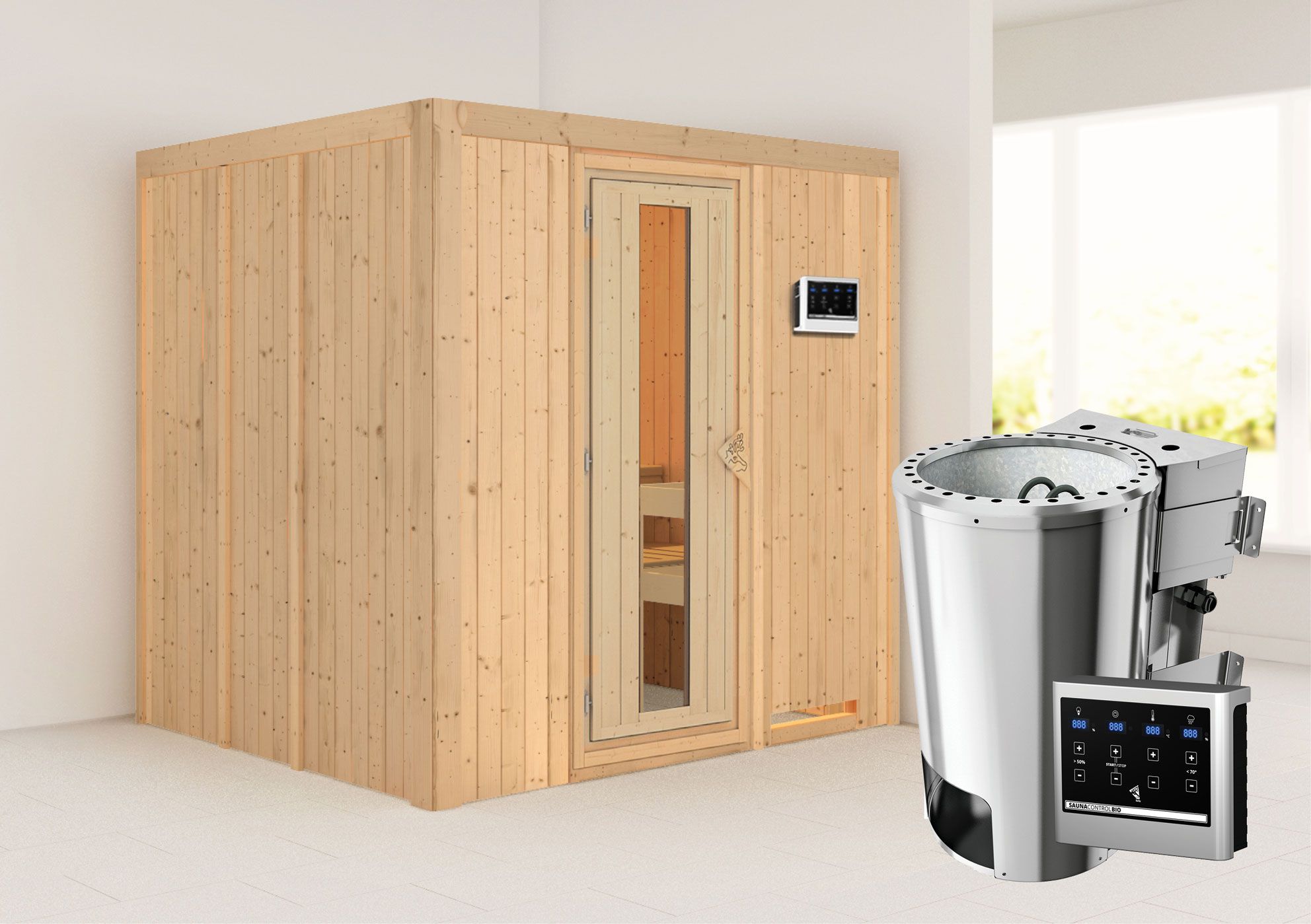 Sauna "Agnar" SET mit Energiespartür und Ofen BIO 3,6 kW - 196 x 170 x 198 cm (B x T x H)