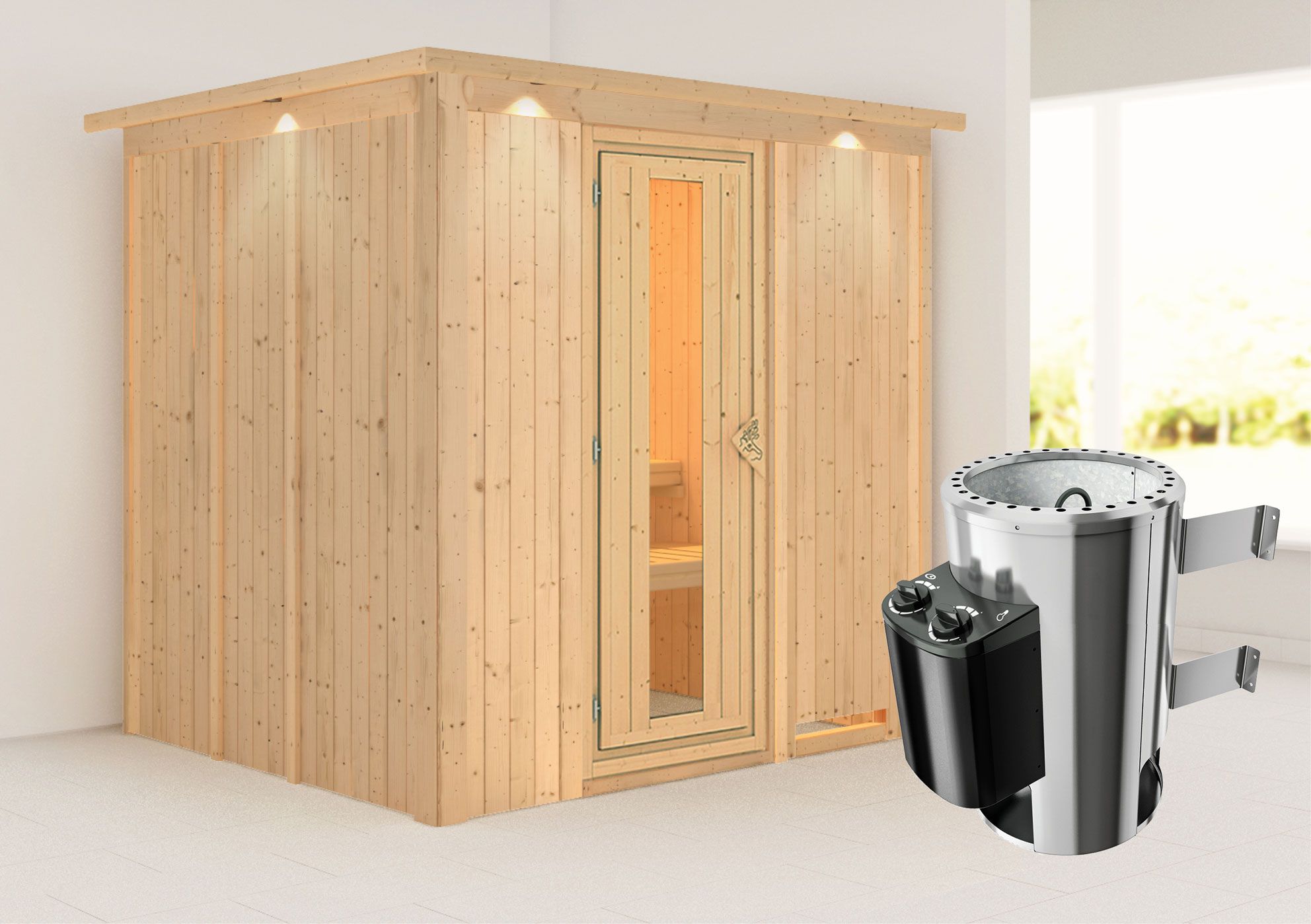 Sauna "Agnar" SET mit Energiespartür, Kranz und Ofen 3,6 kW - 210 x 184 x 202 cm (B x T x H)