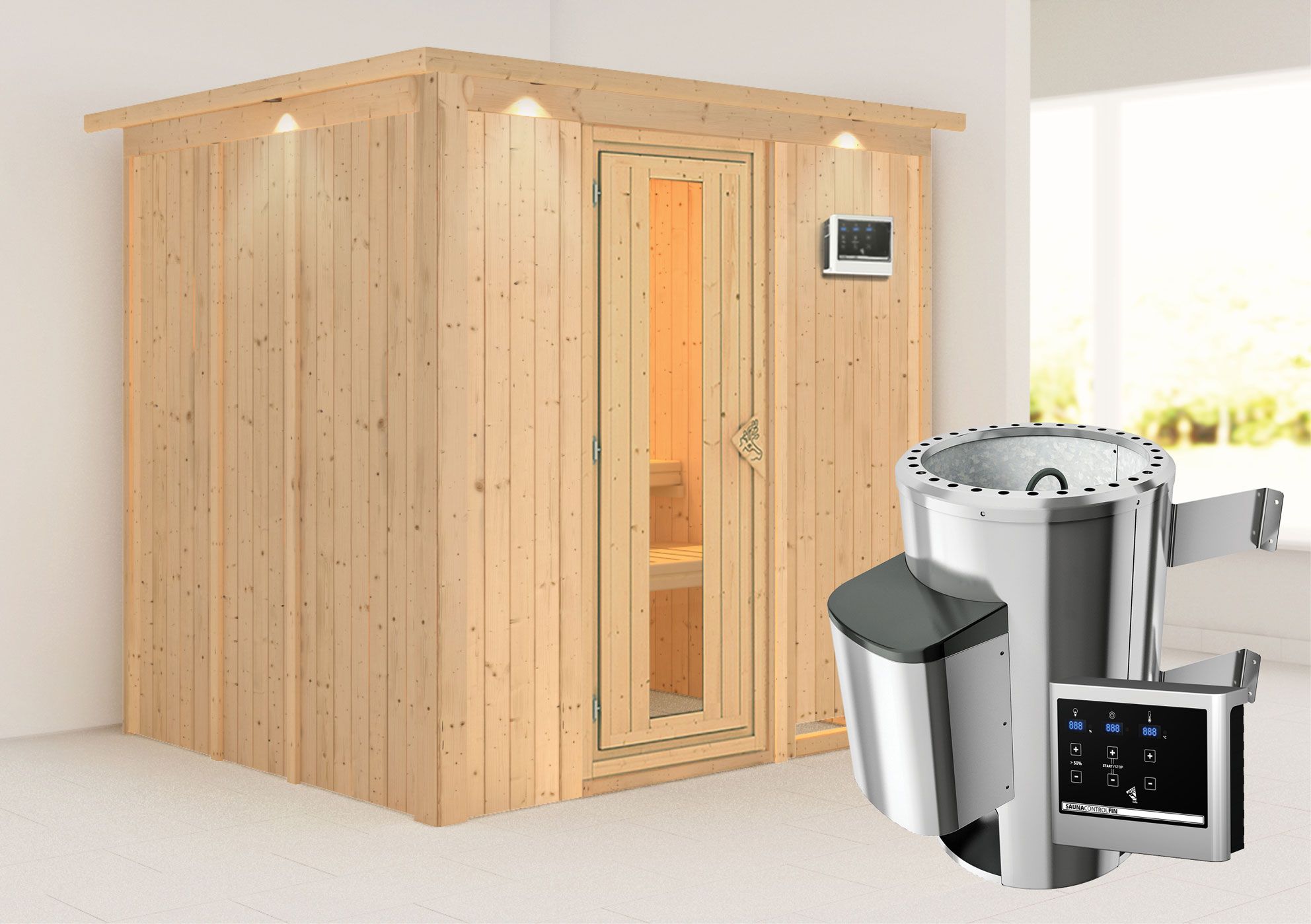 Sauna "Agnar" SET mit Energiespartür und Kranz - Farbe: Natur, Ofen externe Steuerung easy 3,6 kW - 210 x 184 x 202 cm (B x T x H)