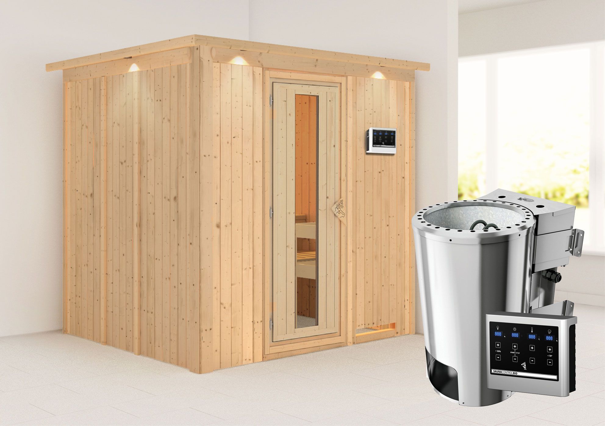 Sauna "Agnar" SET mit Energiespartür, Kranz und Ofen BIO 3,6 kW - 210 x 184 x 202 cm (B x T x H)