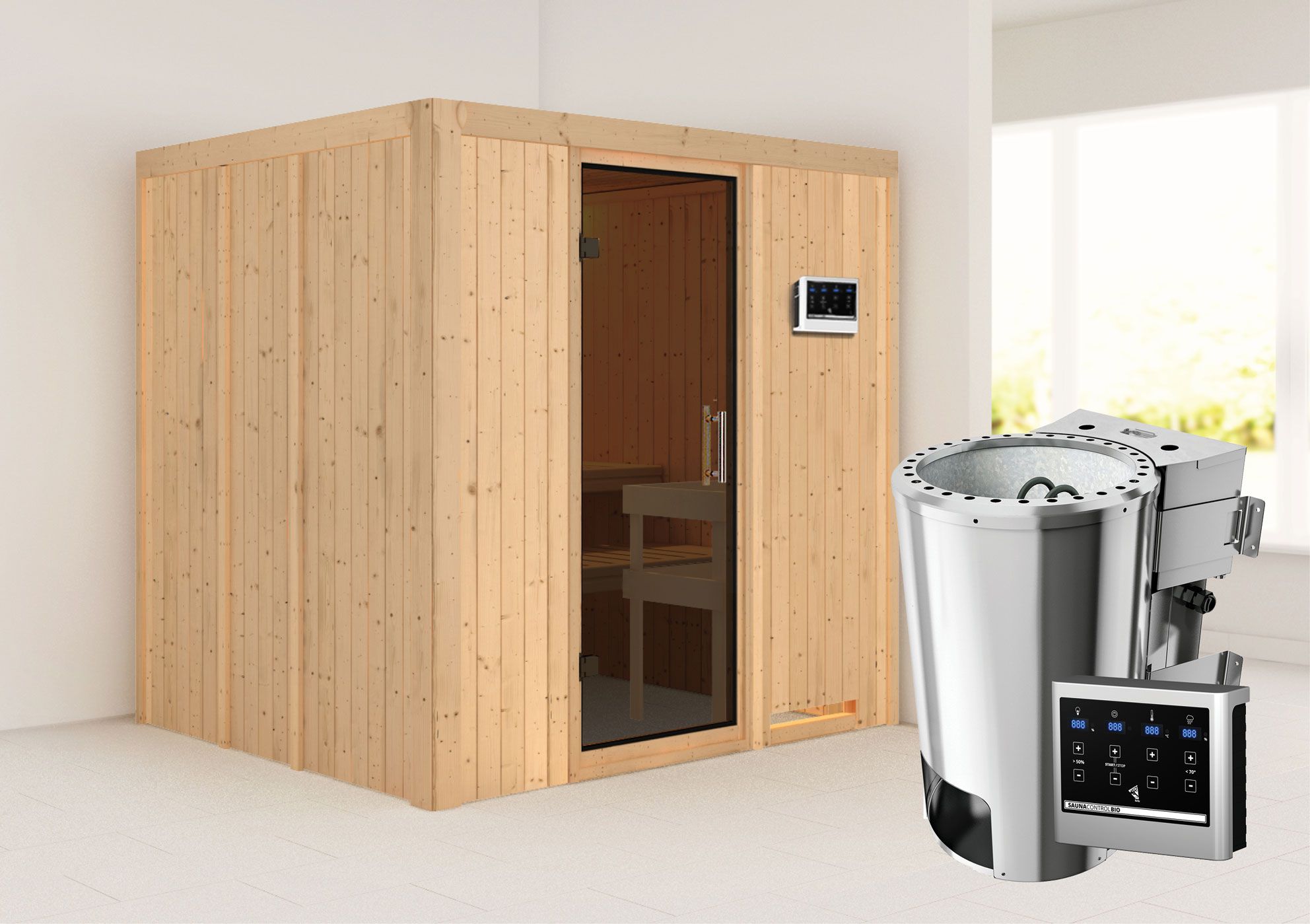 Sauna "Agnar" SET mit graphitfarbener Tür & Ofen BIO 3,6 kW - 196 x 170 x 198 cm (B x T x H)