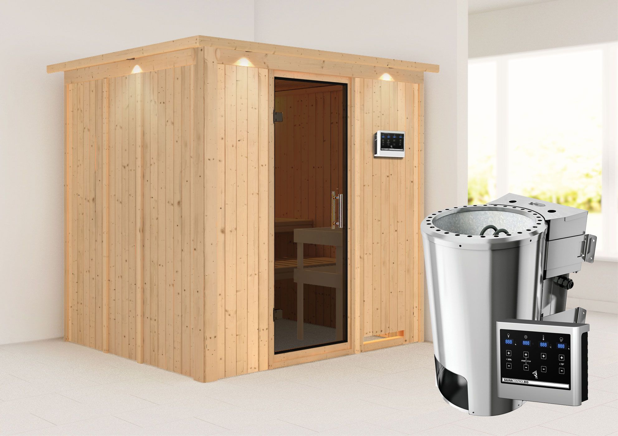 Sauna "Agnar" SET mit graphitfarbener Tür, Kranz & Ofen BIO 3,6 kW - 210 x 184 x 202 cm (B x T x H)