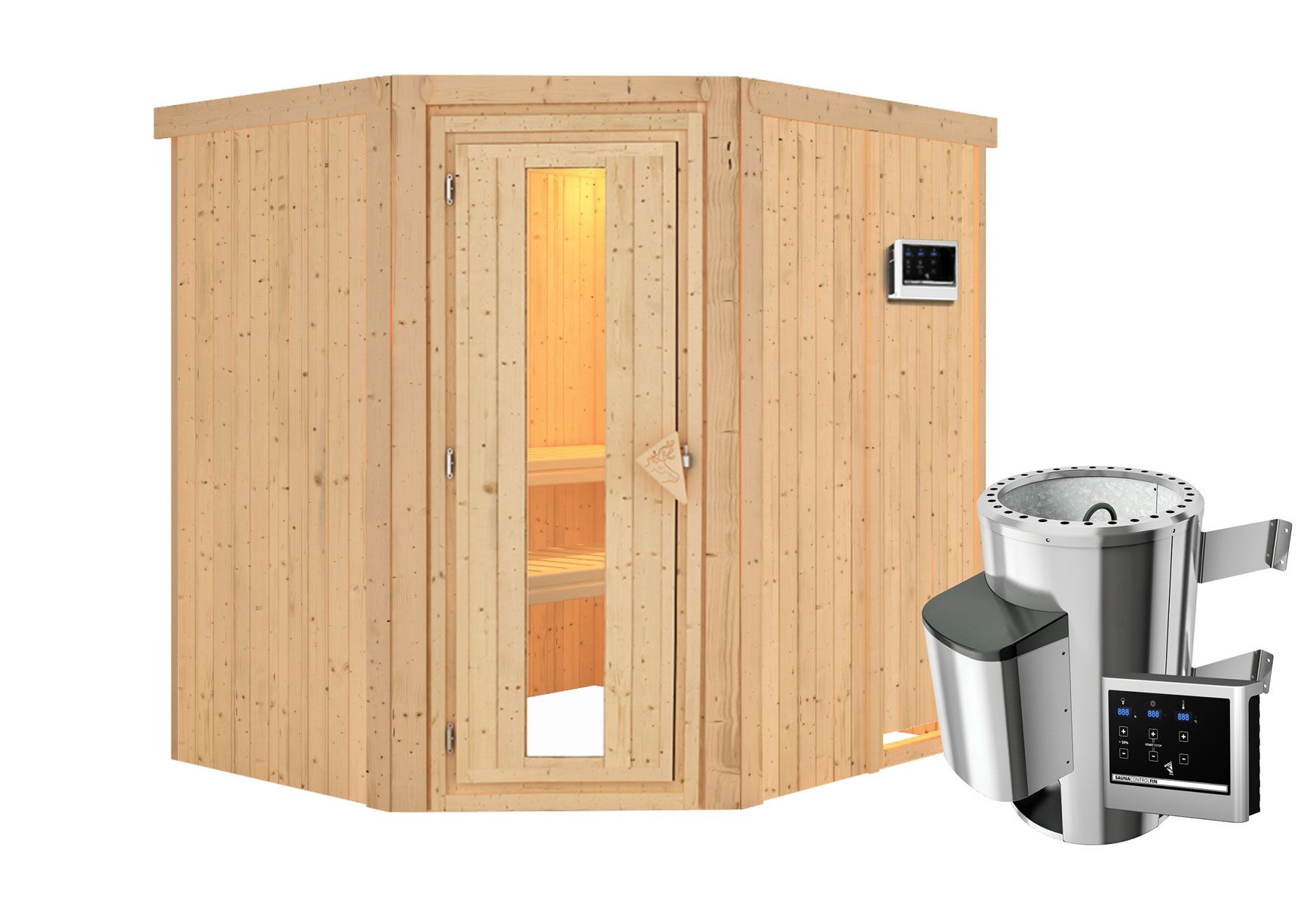 Sauna "Askjell" SET mit Energiespartür - Farbe: Natur, Ofen externe Steuerung easy 3,6 kW - 196 x 170 x 198 cm (B x T x H)