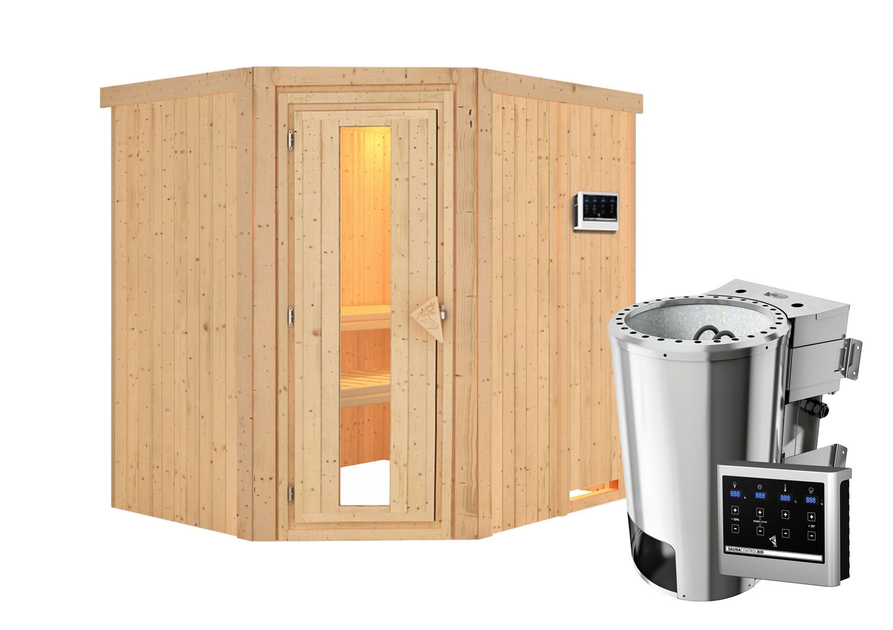 Sauna "Askjell" SET mit Energiespartür und Ofen BIO 3,6 kW - 196 x 170 x 198 cm (B x T x H)
