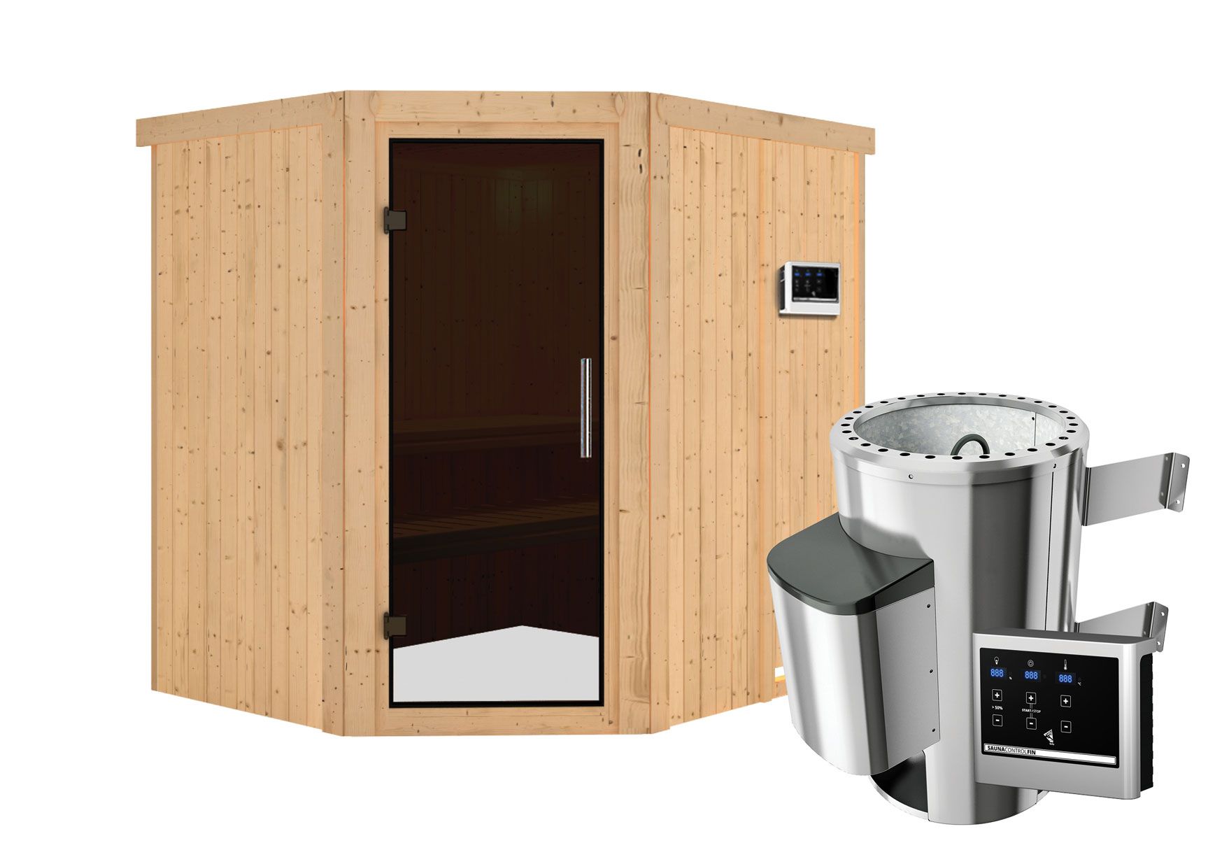 Sauna "Askjell" SET mit graphitfarbener Tür - Farbe: Natur, Ofen externe Steuerung easy 3,6 kW - 196 x 170 x 198 cm (B x T x H)