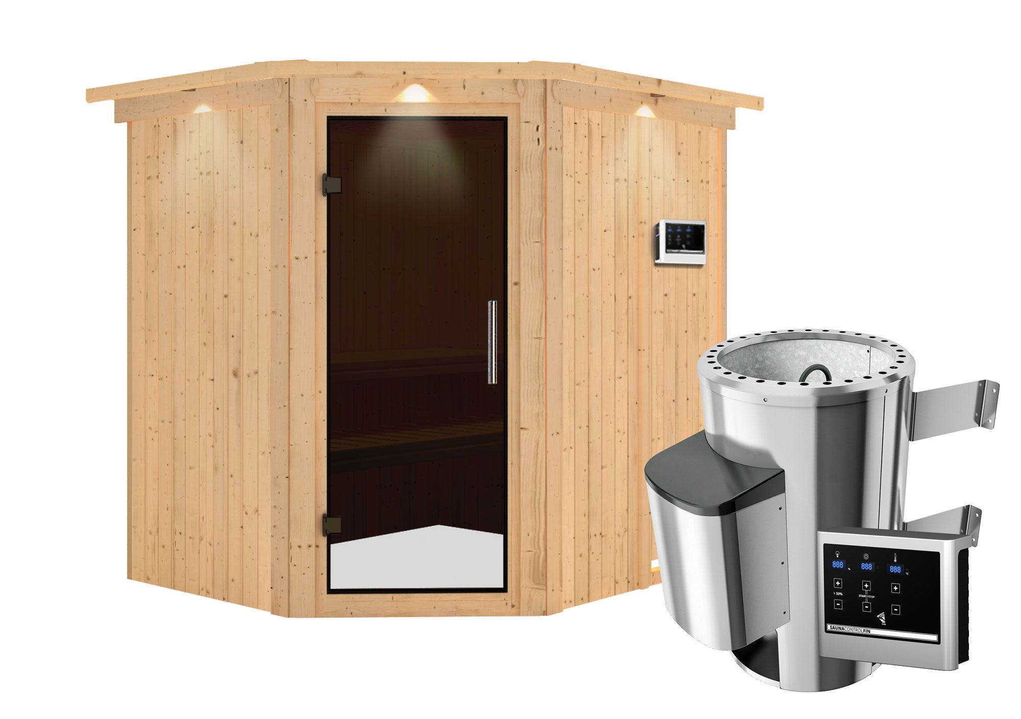 Sauna "Askjell" SET mit graphitfarbener Tür und Kranz - Farbe: Natur, Ofen externe Steuerung easy 3,6 kW - 210 x 184 x 202 cm (B x T x H)