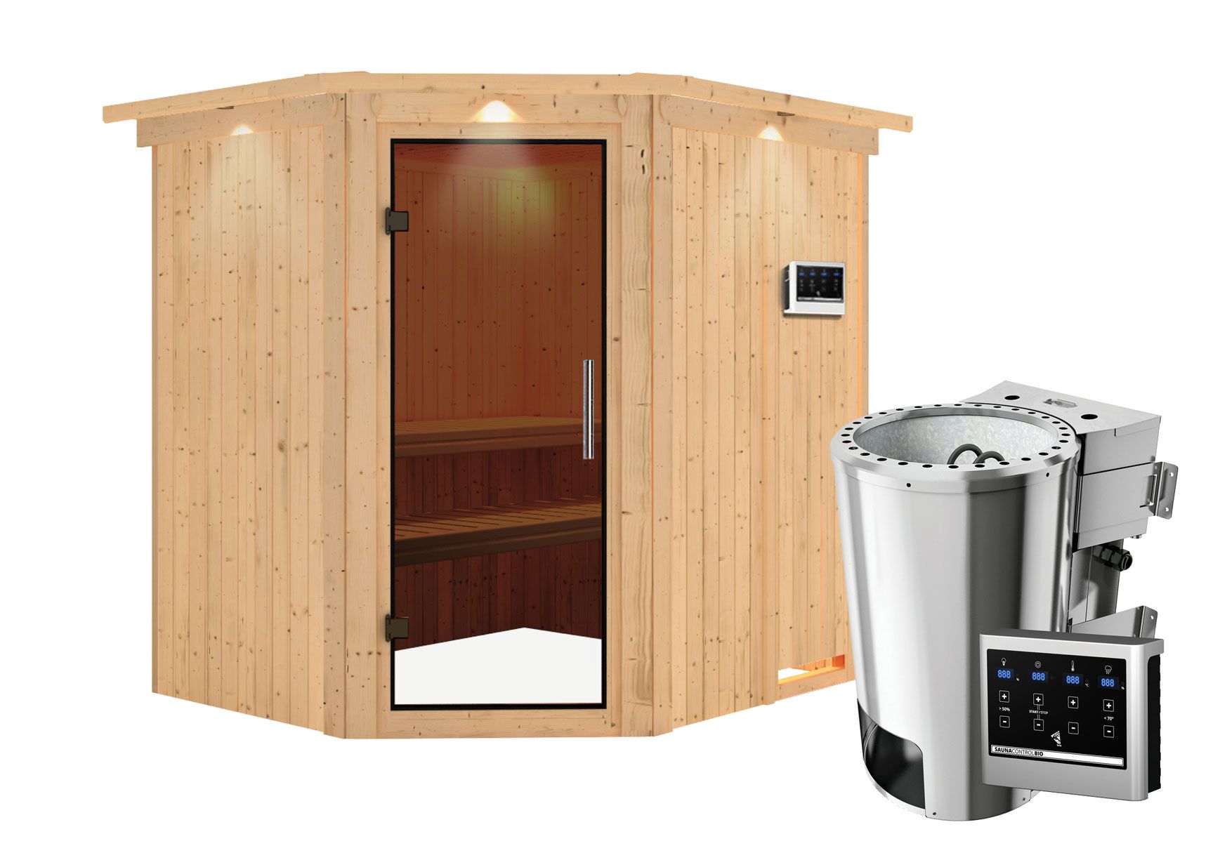 Sauna "Askjell" SET mit graphitfarbener Tür, Kranz & Ofen BIO 3,6 kW - 210 x 184 x 202 cm (B x T x H)