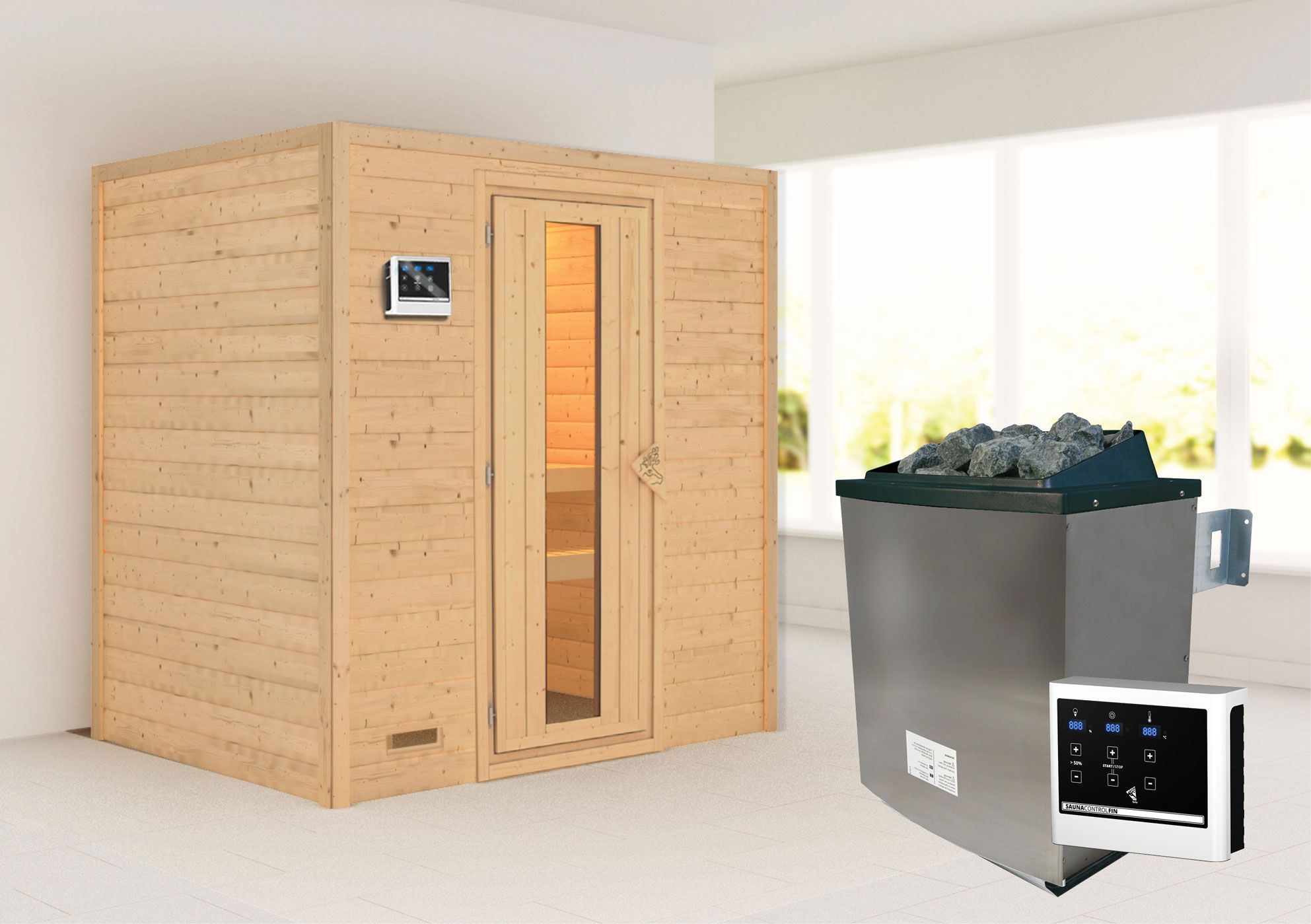 Sauna "Holmger" SET AKTION mit Energiespartür & 2 Ofen externe Steuerung easy 9 KW - 196 x 146 x 198 cm (B x T x H)