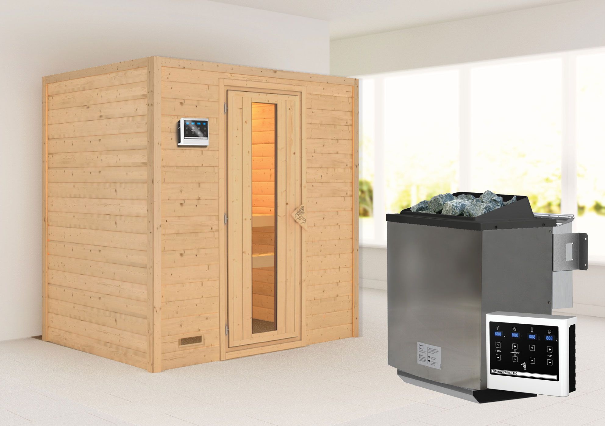 Sauna "Holmger" SET AKTION mit Energiespartür & 2 Ofen BIO 9 kW - 196 x 146 x 198 cm (B x T x H)